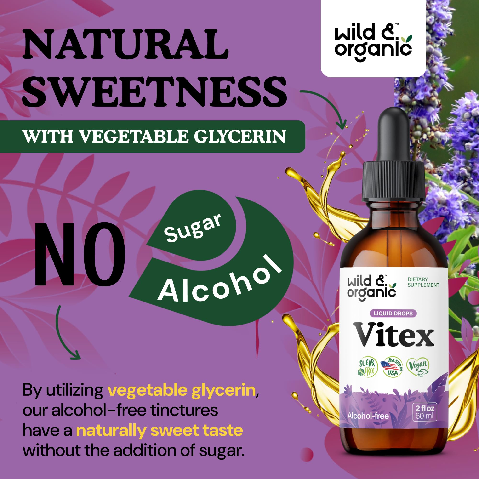 Wild & Organic Vitex Tincture for Perimenopause & Mood Support | Vegan, Alcohol-Free Chasteberry Drops – 2 fl oz