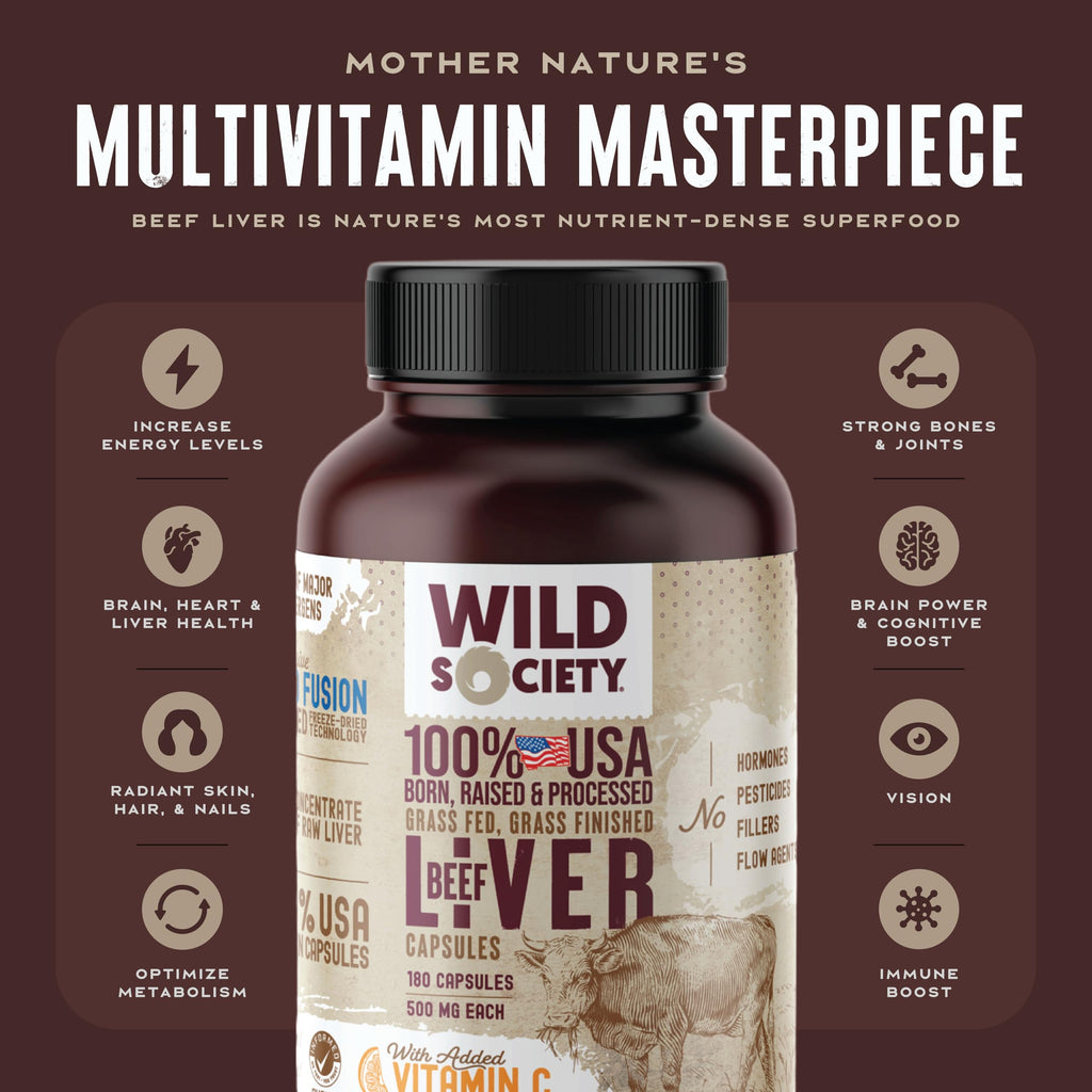 WILD SOCIETY USA Grass-Fed Beef Liver Capsules – 3000mg Max Strength