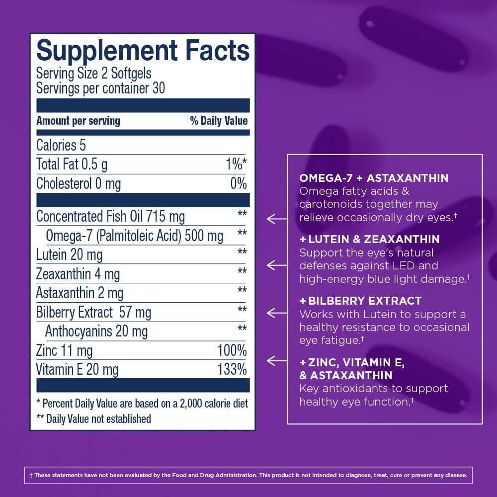 Wiley's Finest Bold Vision: Wild Alaskan Fish Oil for Eye Health with Lutein, Zeaxanthin, Zinc & Vitamin E - 60 Softgels