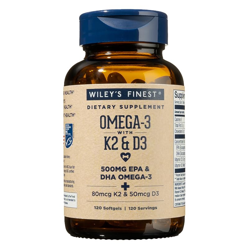 Wiley's Finest Wild Alaskan Fish Oil Vitamin K2 & D3 Softgels - 500mg EPA/DHA | 120 Servings