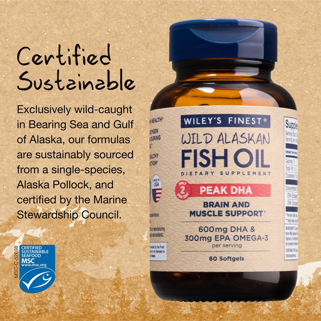 Wiley's Finest Wild Alaskan Fish Oil Peak DHA - 900mg Omega-3s - 60 Softgels (30 Servings)