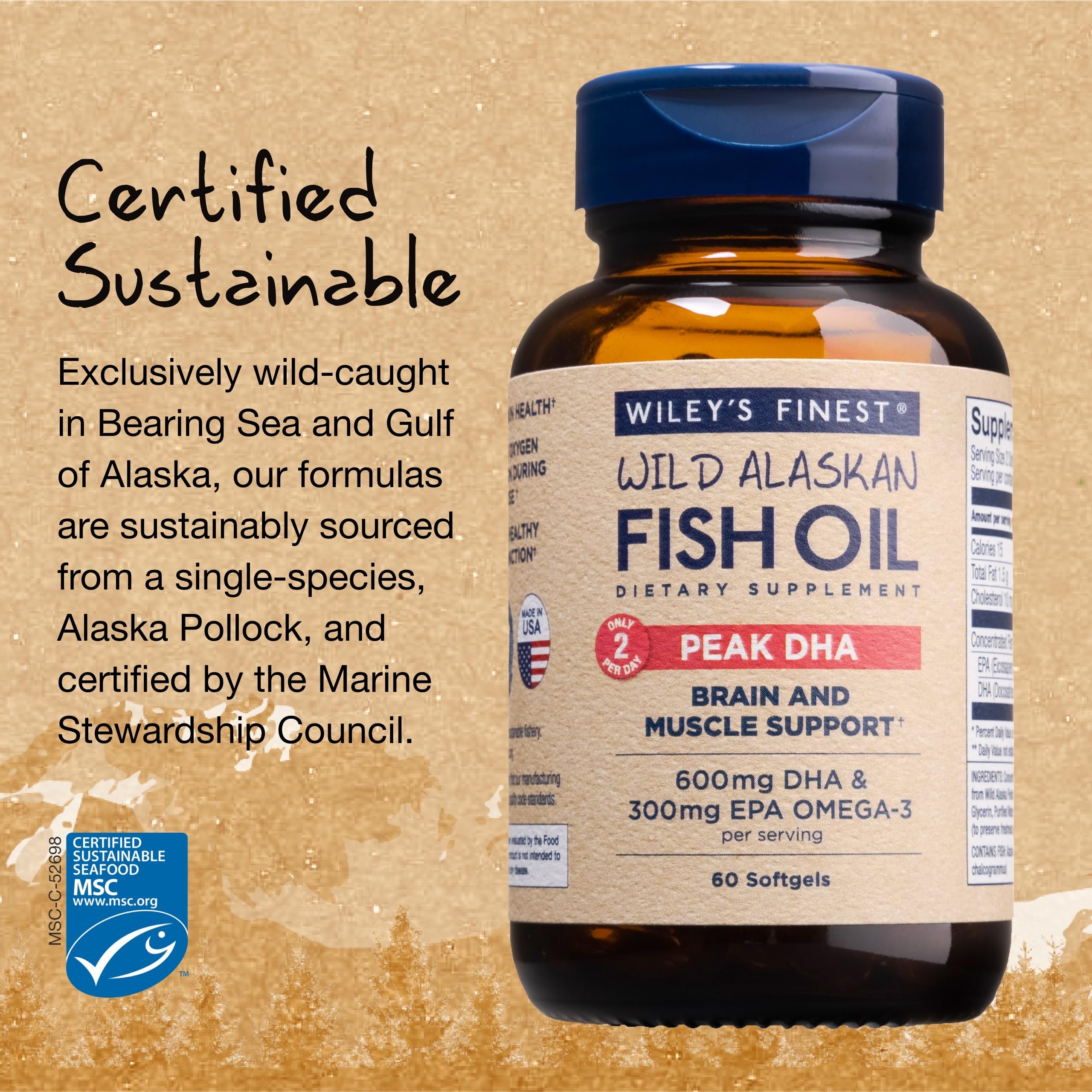 Wiley's Finest Wild Alaskan Fish Oil Peak DHA - 900mg Omega-3s - 60 Softgels (30 Servings)
