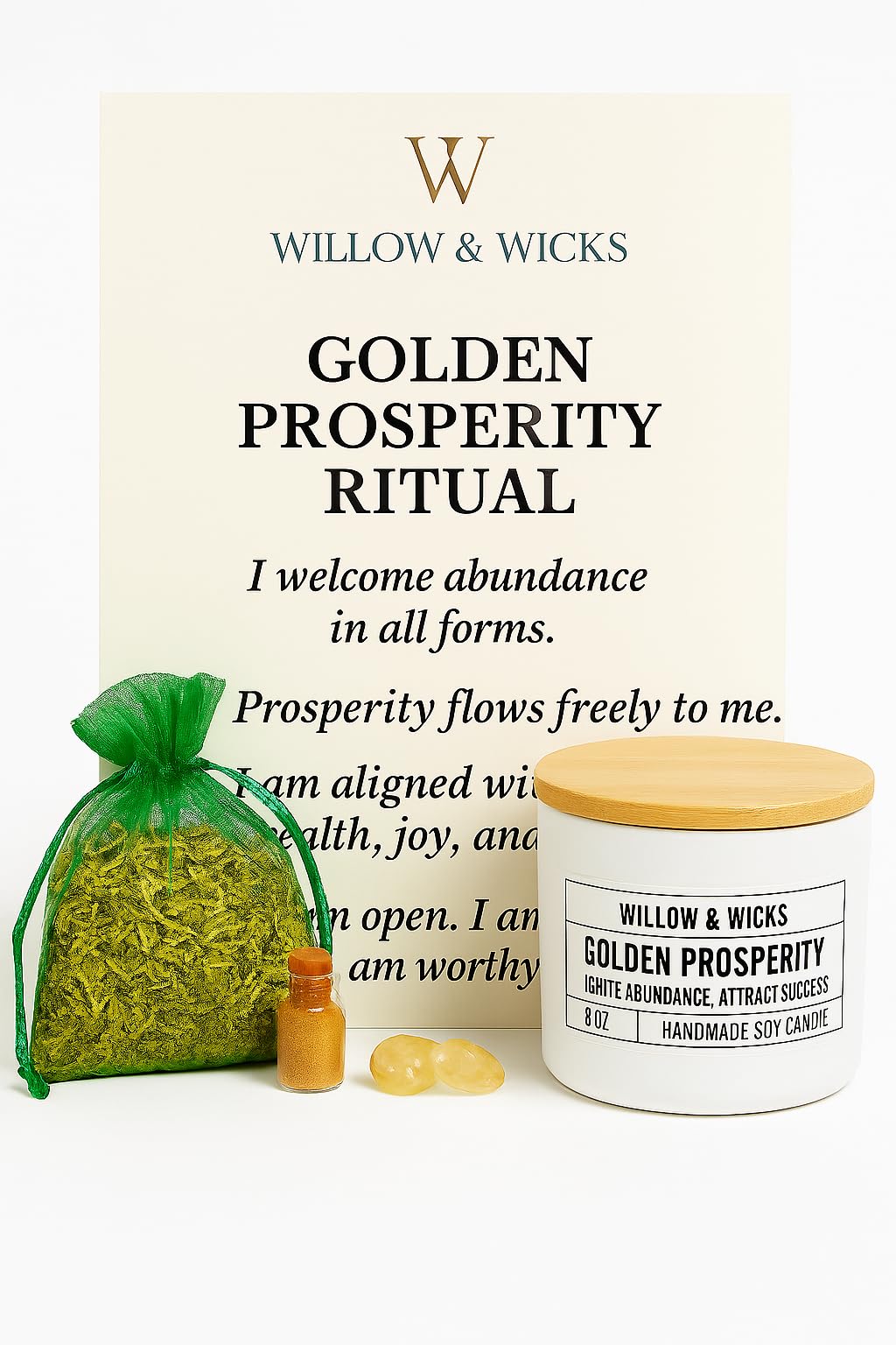Golden Prosperity Candle Ritual Kit – 8oz Soy Candle by Willow & Wicks