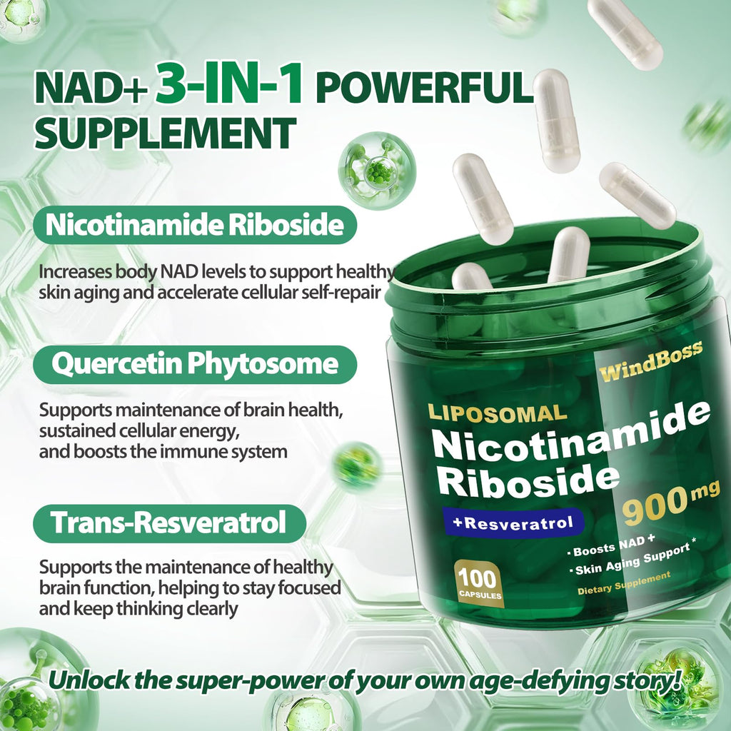Windboss Liposomal NAD+ Supplement with NR & Resveratrol – NAD Booster for Cellular Energy, Anti-Aging, Metabolism (2pcs)