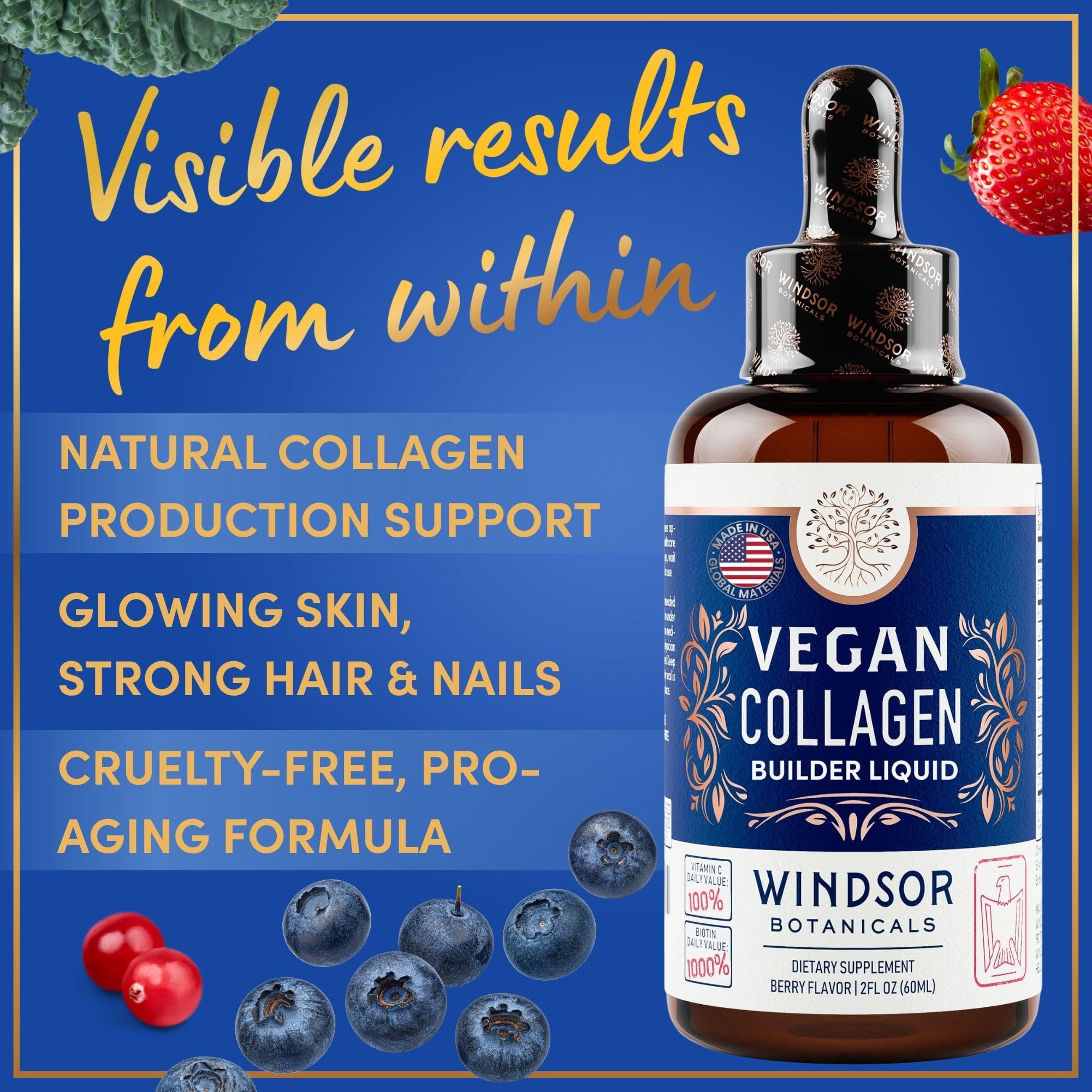 Windsor Botanicals Vegan Collagen Builder Liquid – 60-Day Supply | Vitamin C, Biotin, Hyaluronic Acid | Organic Fruits & Vegetables | 120ml