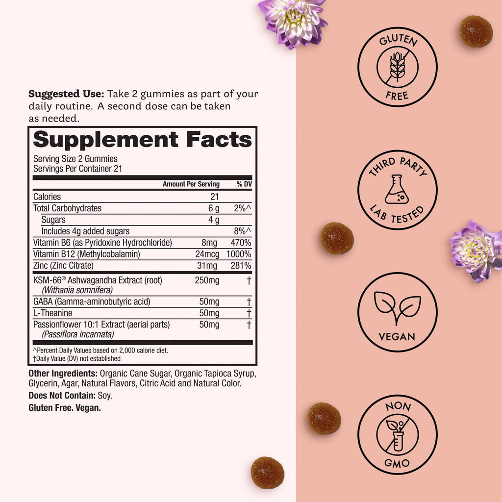 Winged Wellness Calm & Collected Gummies – Stress Support (KSM-66, L-Theanine, GABA) – Vegan & Gluten-Free Raspberry 42 Count