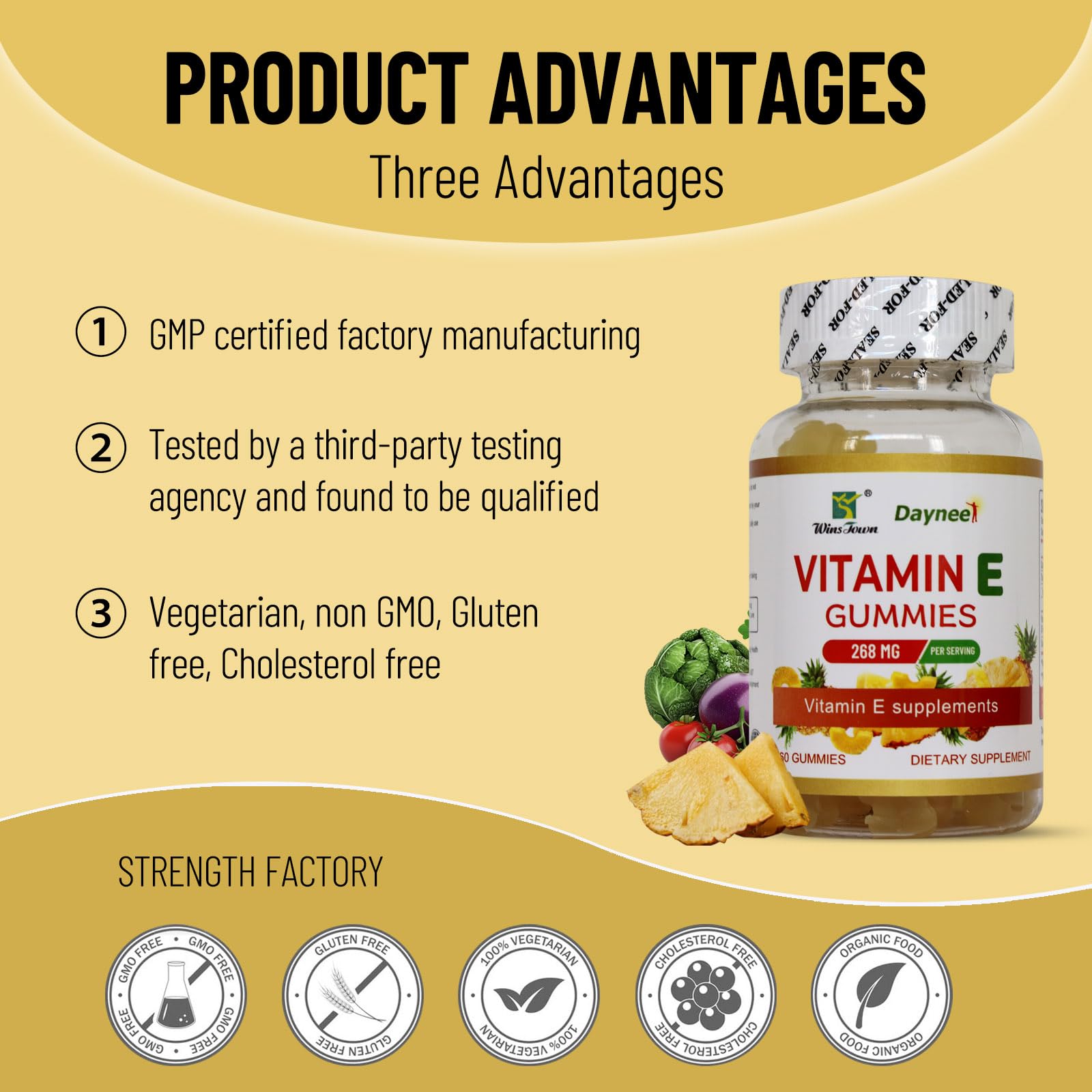Wins Town Vitamin E Gummies 268mg – Pineapple, Vegan, Non-GMO, 60 Count | Immune, Skin & Eye Support