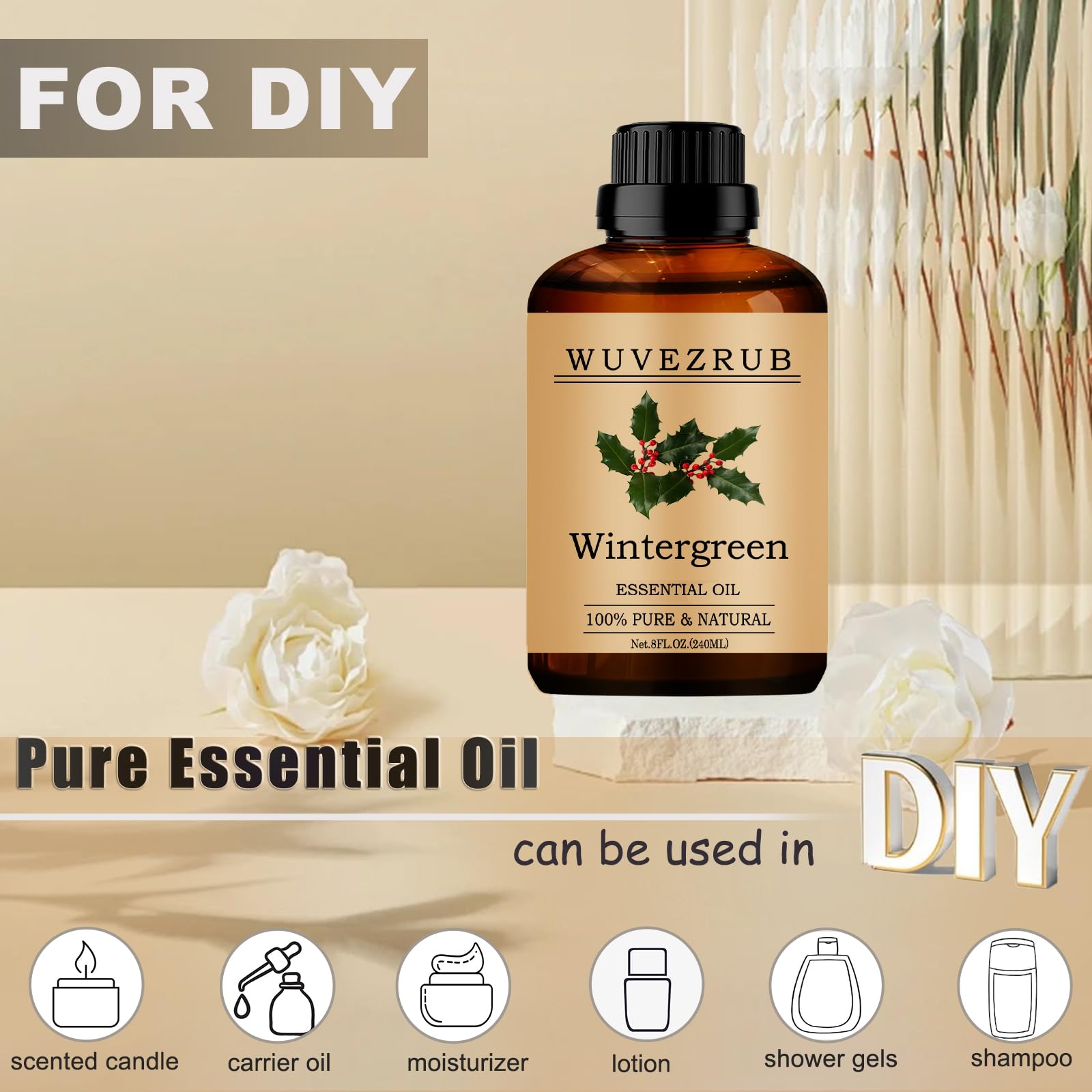 Wintergreen Essential Oil Organic 240ml | Pure & Natural for Aromatherapy Diffuser (8 fl oz)
