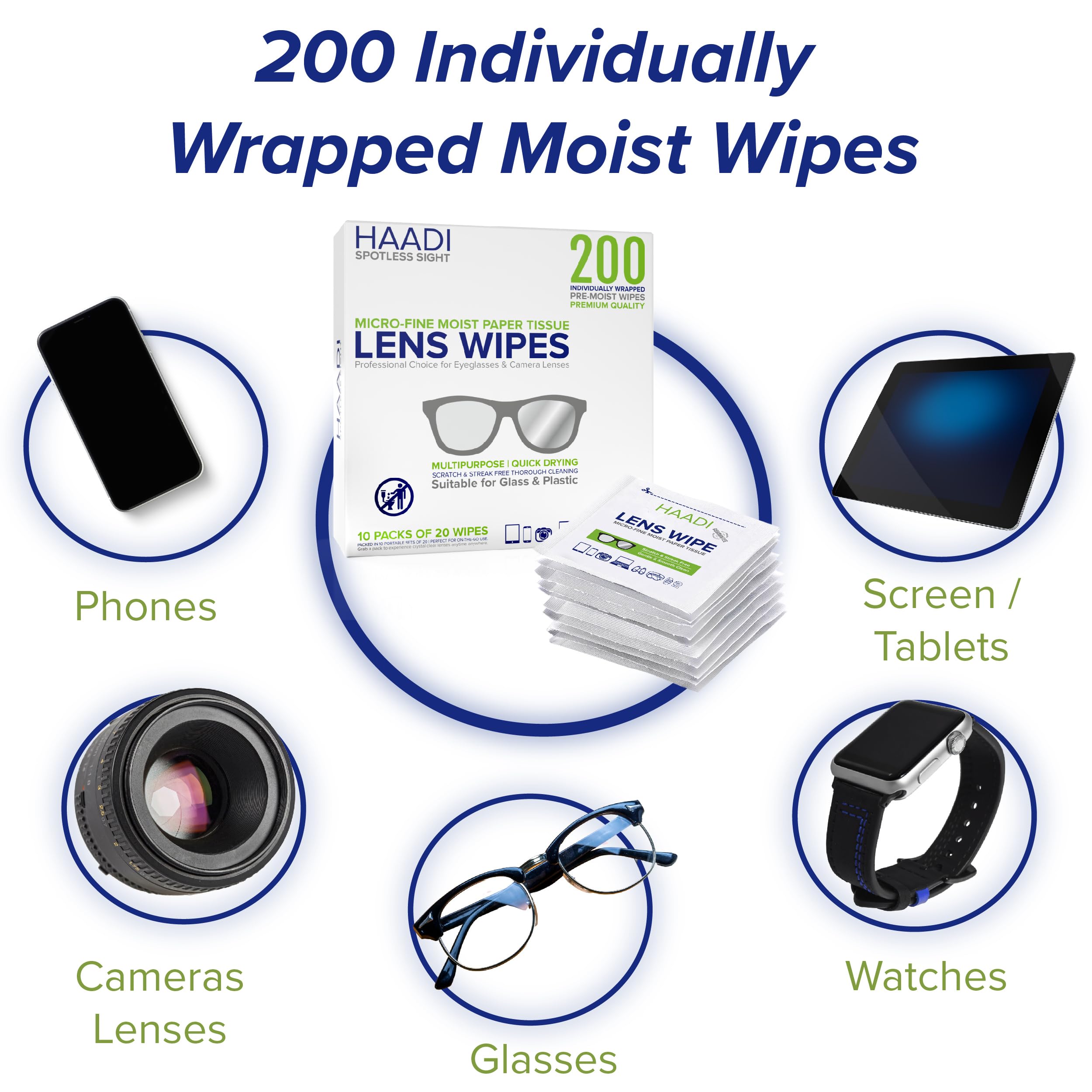 Glasses Cleaner Wipes – 200 Individually Wrapped, Pre-Moistened Lenses Wipes for Eyeglasses, Cameras, Binoculars & Screens