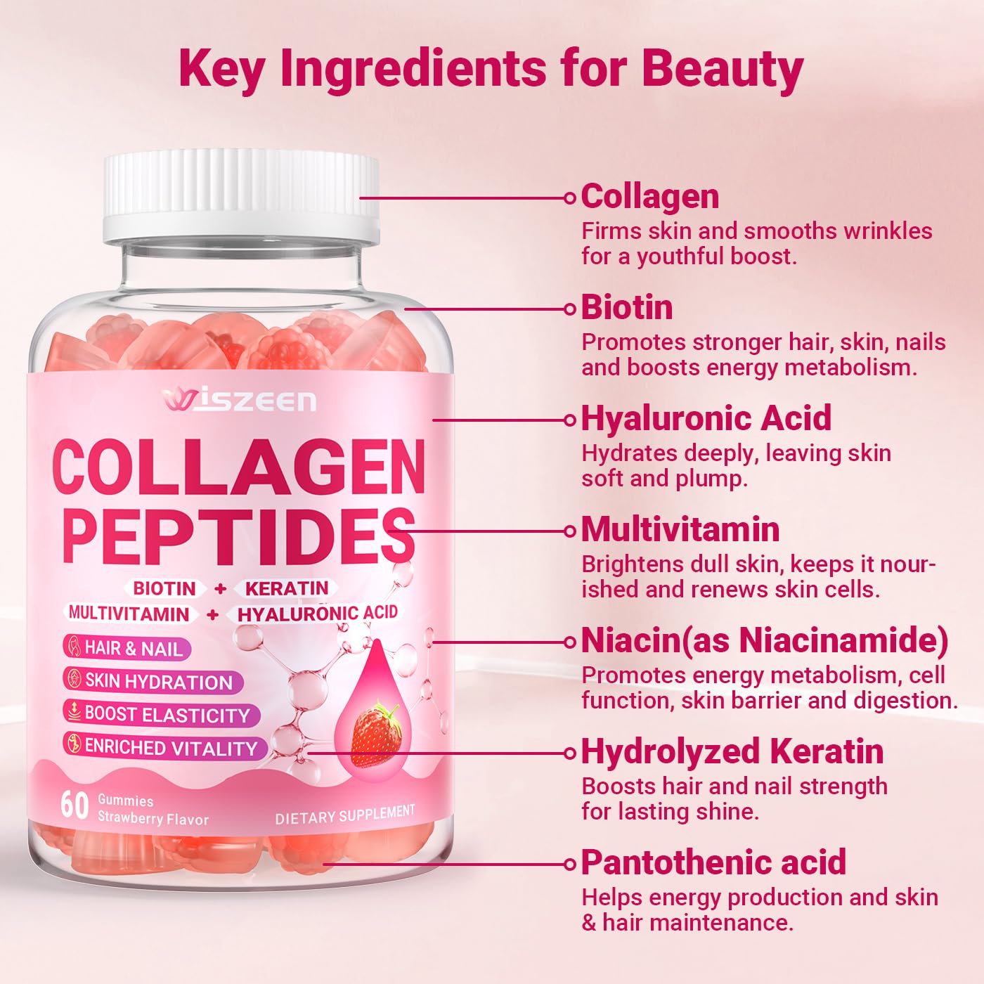 Wiszeen Collagen Gummies for Women – Sugar-Free Hydrolyzed Collagen Type I–X with Biotin, Hyaluronic Acid & Multivitamins