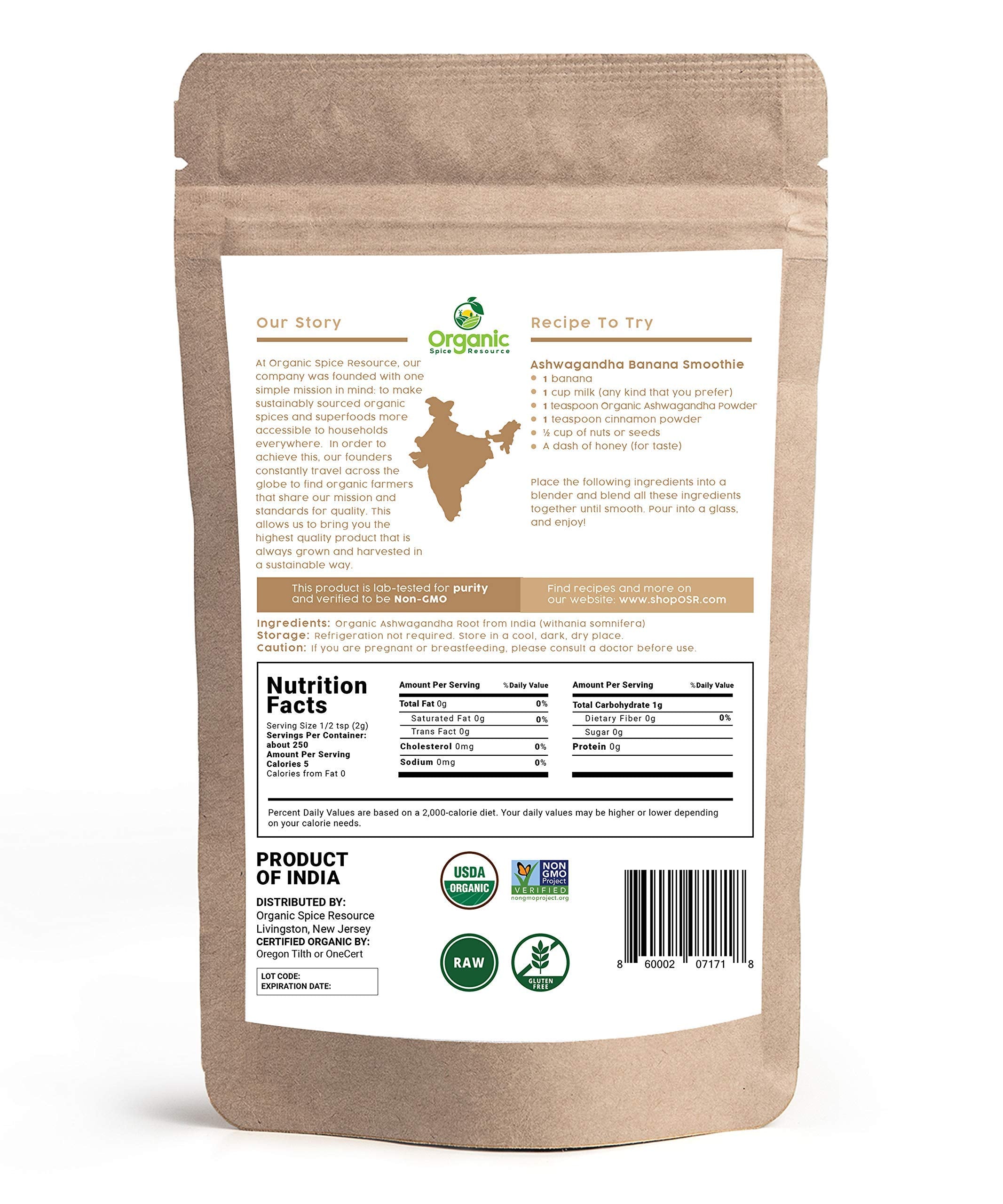 Organic Ashwagandha Root Powder - 1.10 lbs | Resealable Kraft Bag | Non-GMO | Indian Ginseng - SHOPOSR