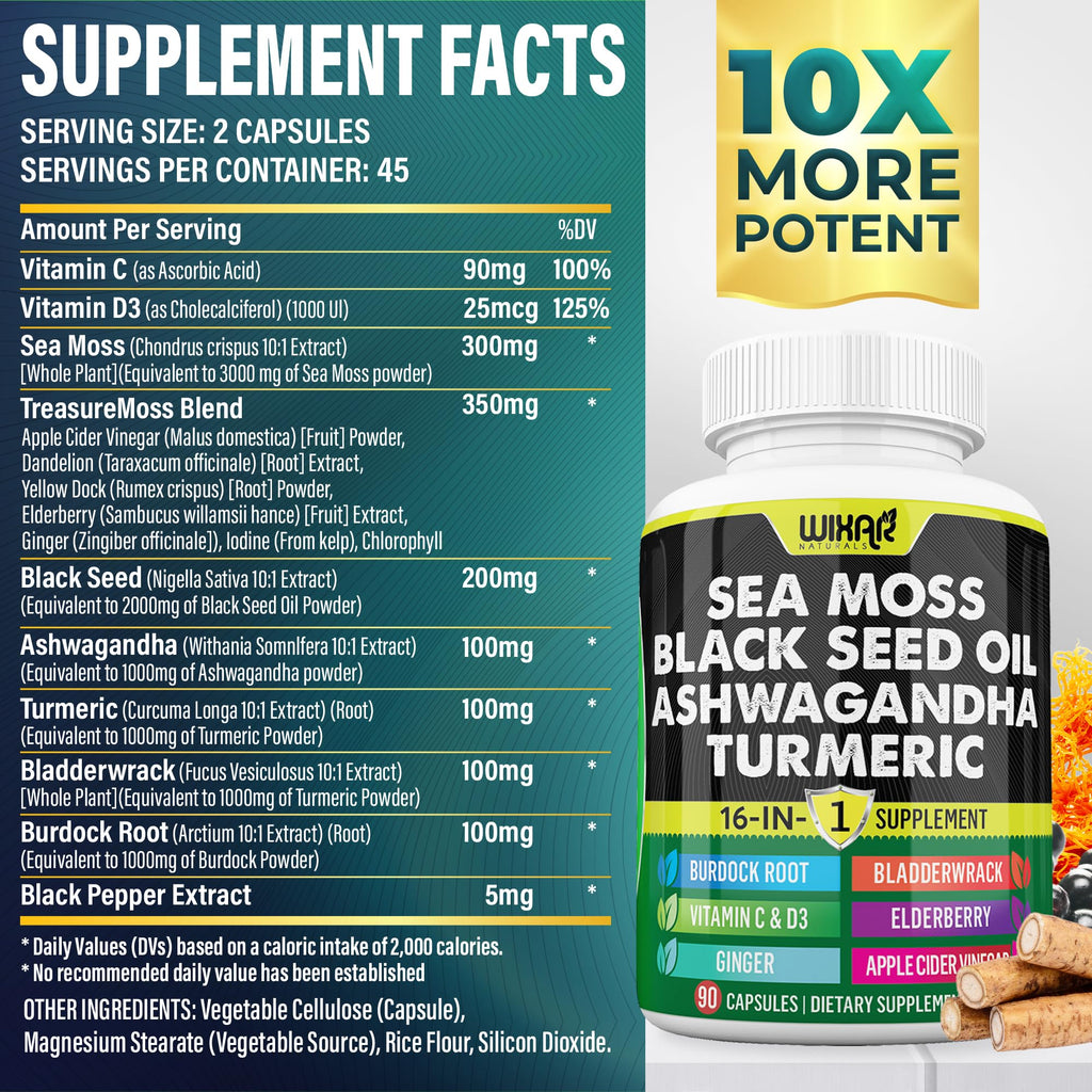 Wixar Sea Moss 3000mg with Black Seed Oil, Ashwagandha, Turmeric 1000mg & More - 90 Capsules