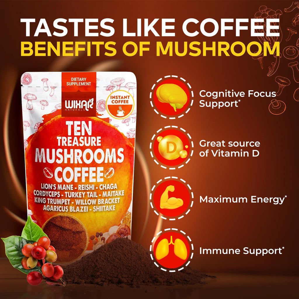 Wixar Mushroom Coffee Blend - Ten-Treasure Mushroom Instant Coffee Powder (5oz)