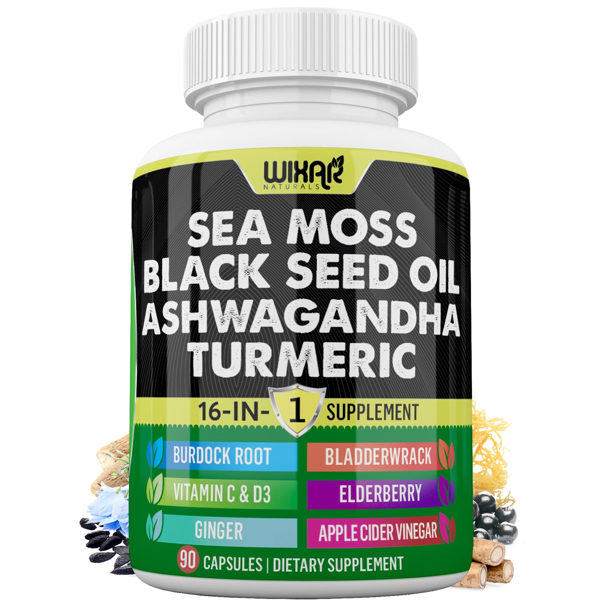 Wixar Sea Moss 3000mg with Black Seed Oil, Ashwagandha, Turmeric 1000mg & More - 90 Capsules