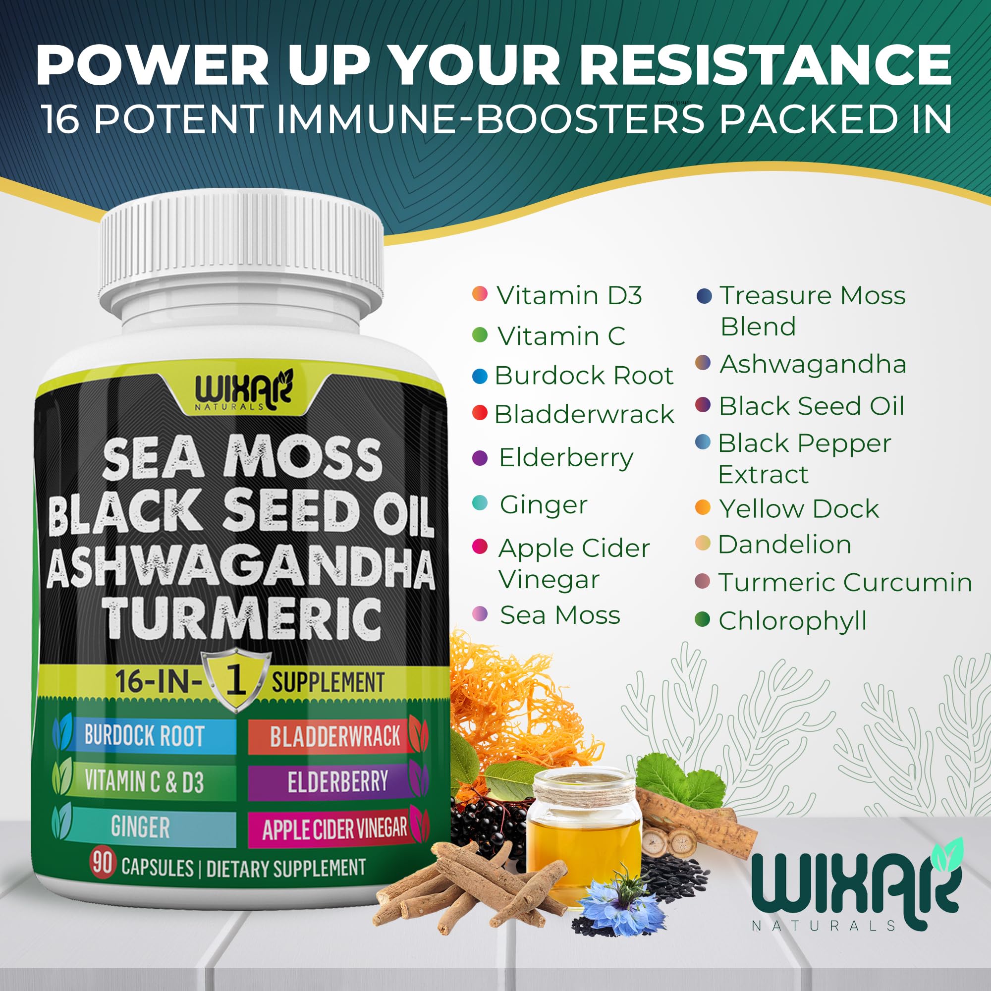 Wixar Sea Moss 3000mg with Black Seed Oil, Ashwagandha, Turmeric 1000mg & More - 90 Capsules