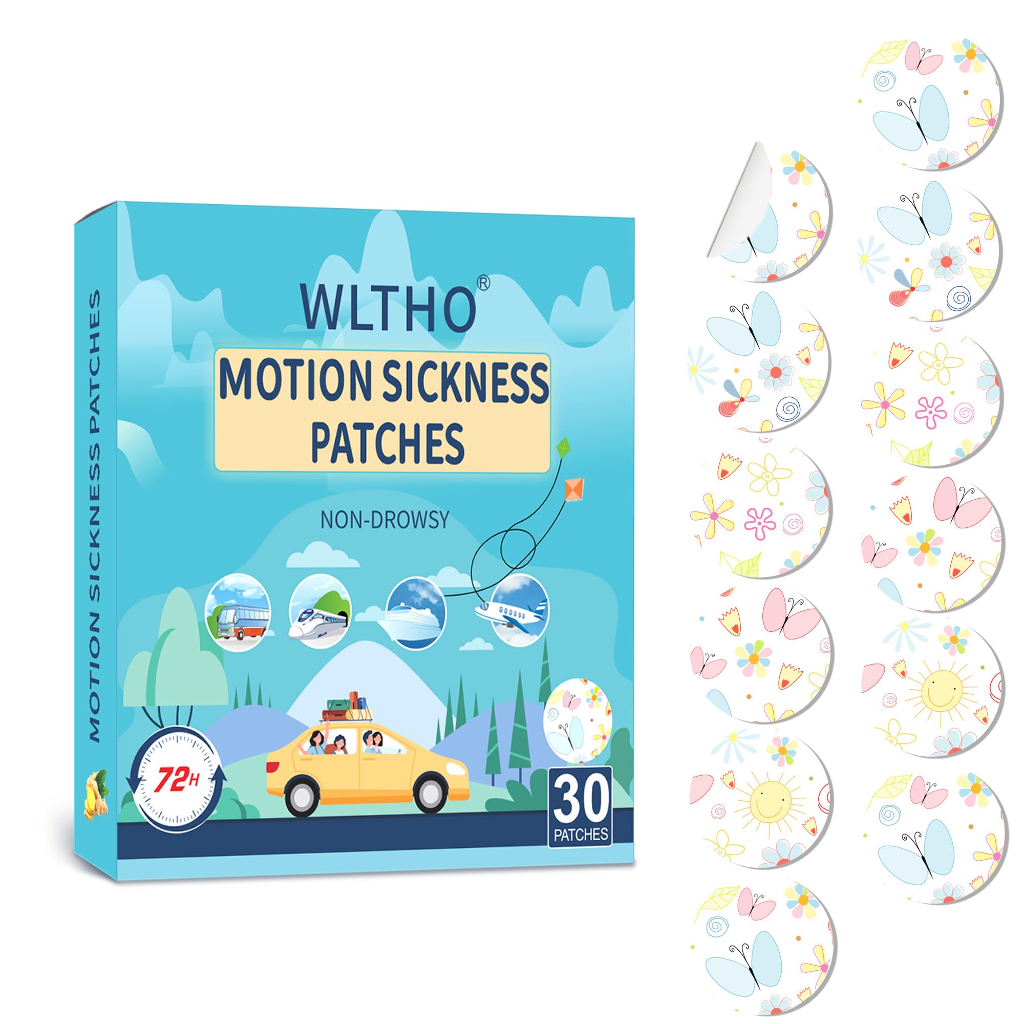 WLTHO 30ct Motion Sickness Patches – Non-Drowsy, Waterproof Behind-Ear Patches (72H)
