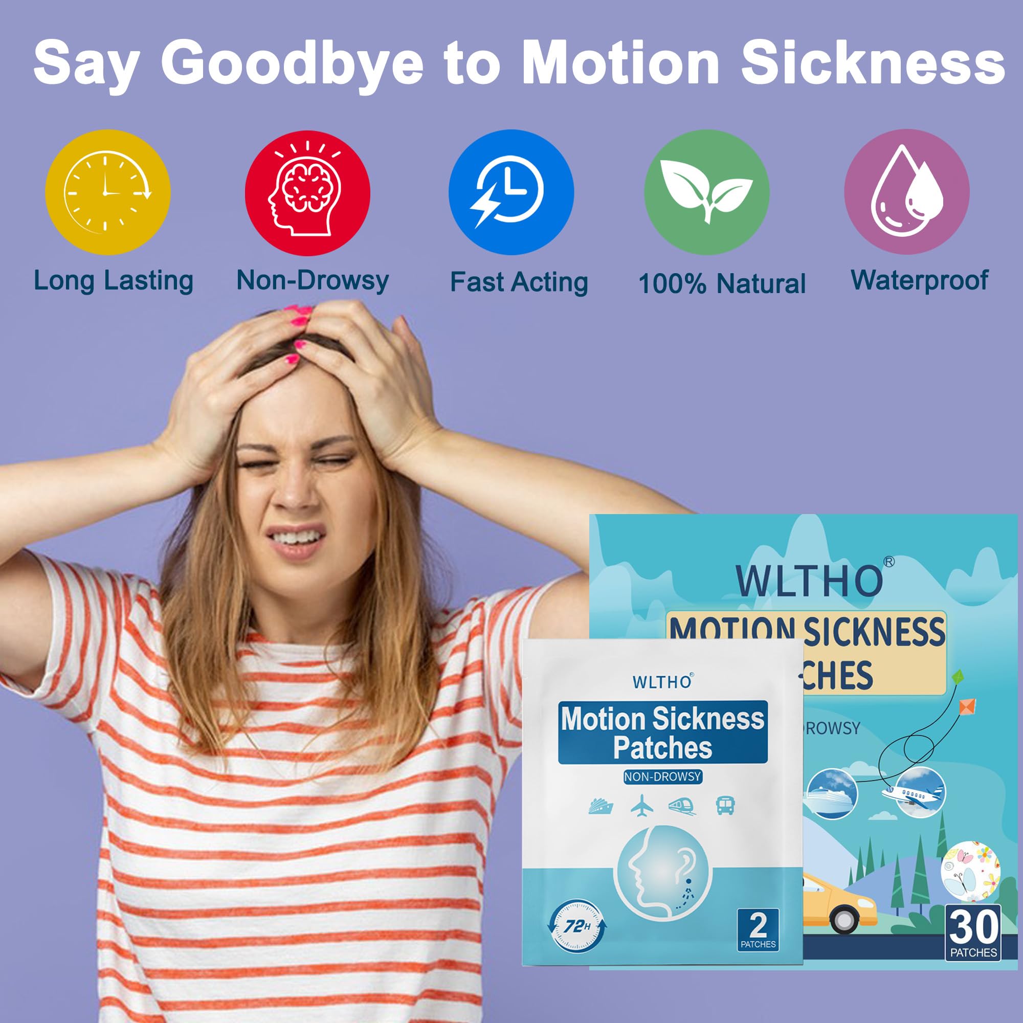 WLTHO 60ct Motion Sickness Patches - Non-Drowsy, Waterproof Behind Ear