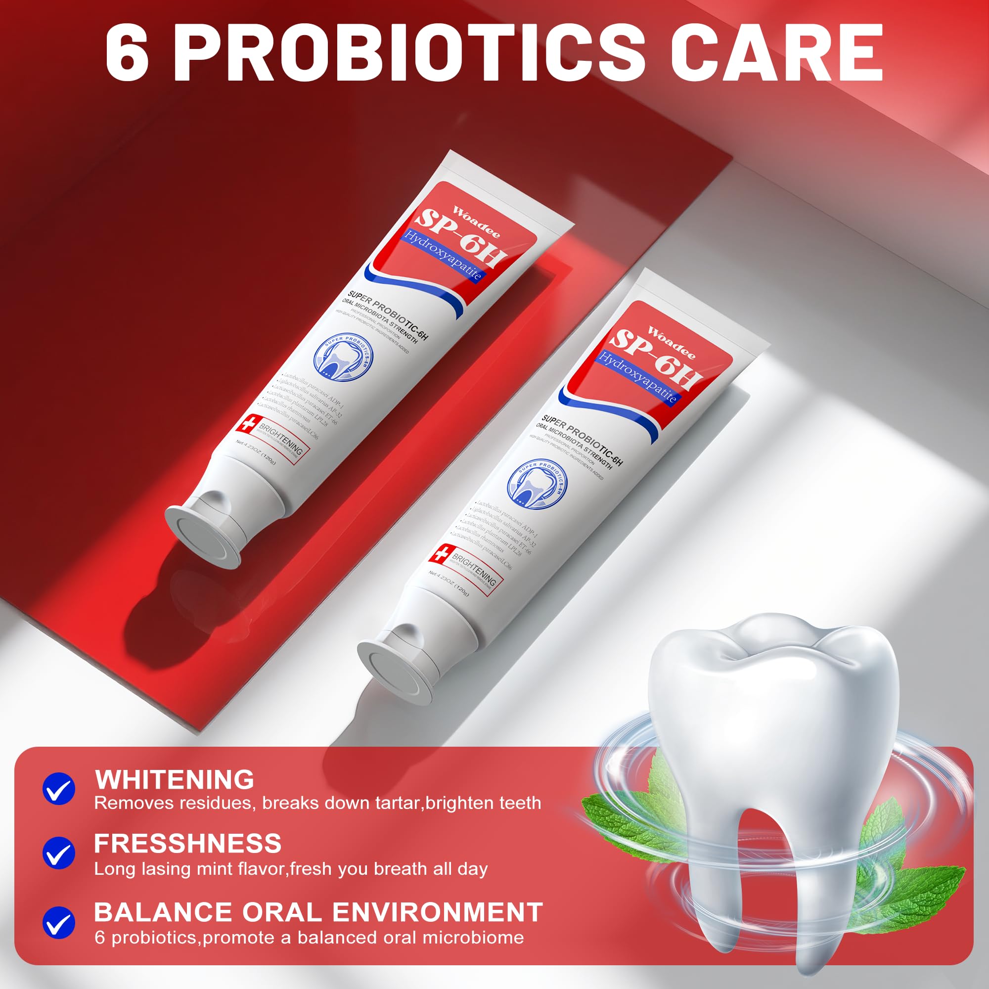 Woadee SP-6 Hydroxyapatite Toothpaste – 6 Probiotics + Hydroxyapatite for Whitening, Enamel Protection, Mint Flavor