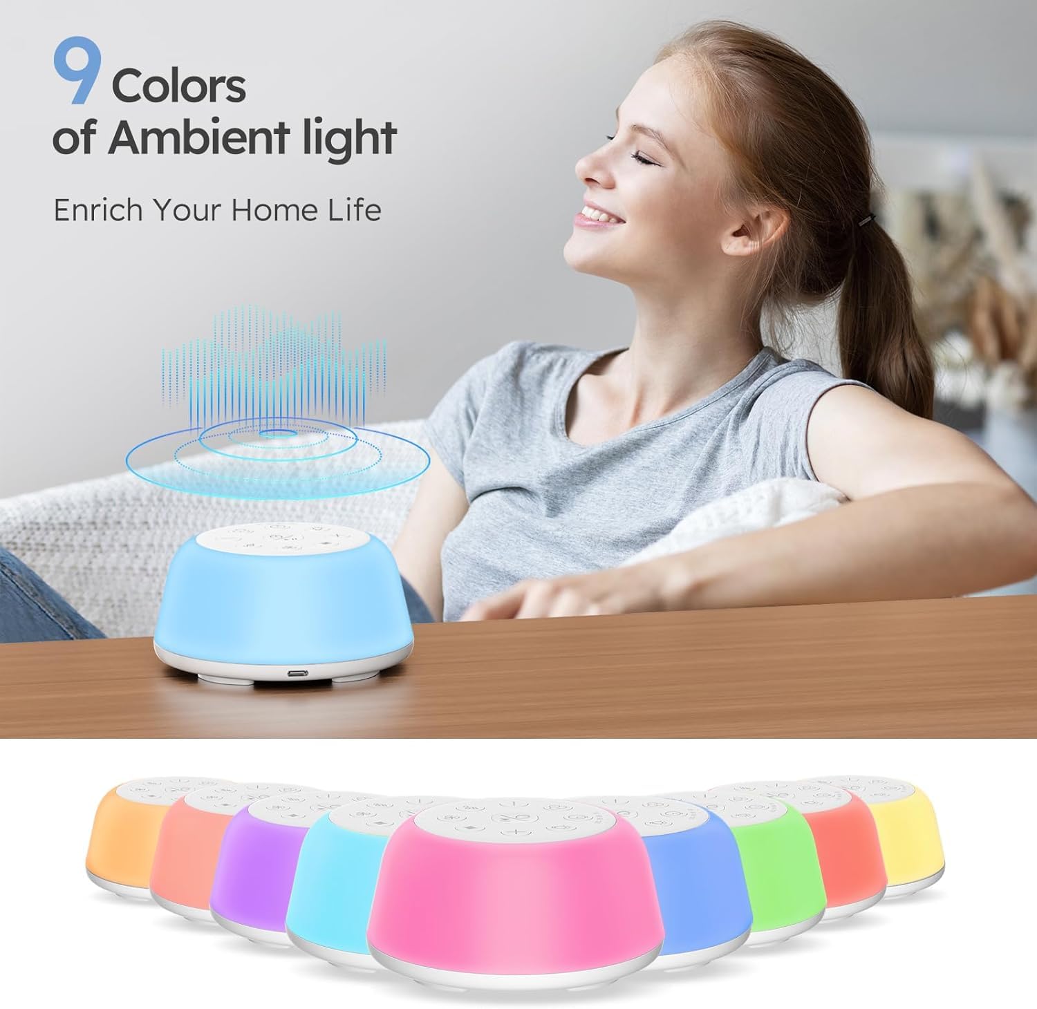 Wobrikosee Rechargeable White Noise Machine | 9-Color Night Light, 26 Sounds, 4 Timers