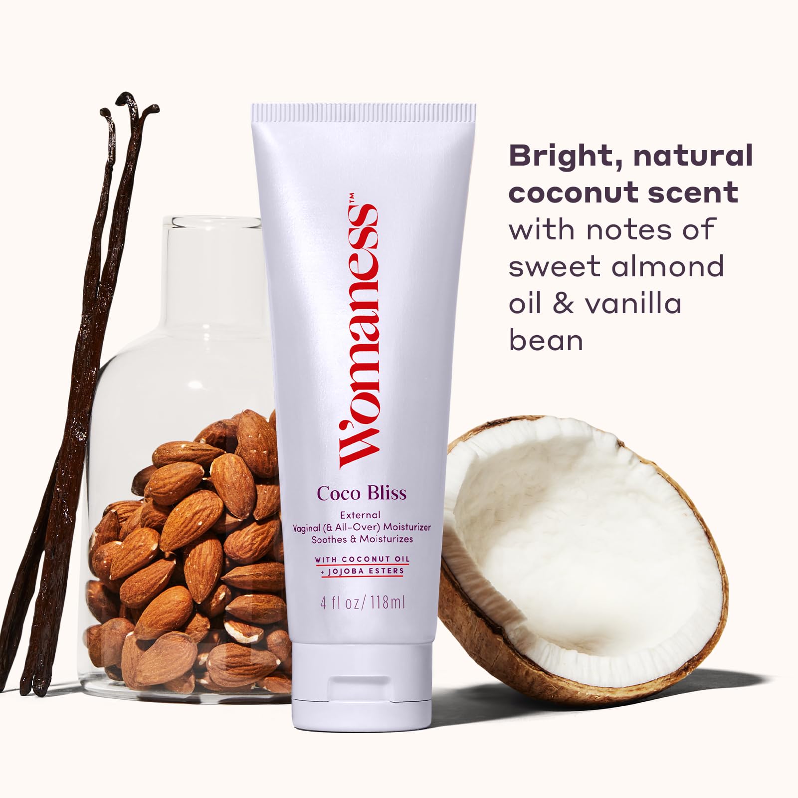 Womaness Coco Bliss Feminine Moisturizer for Dryness - Hydrating Coconut, Non-Sticky Body & Intimate Moisturizer 4oz