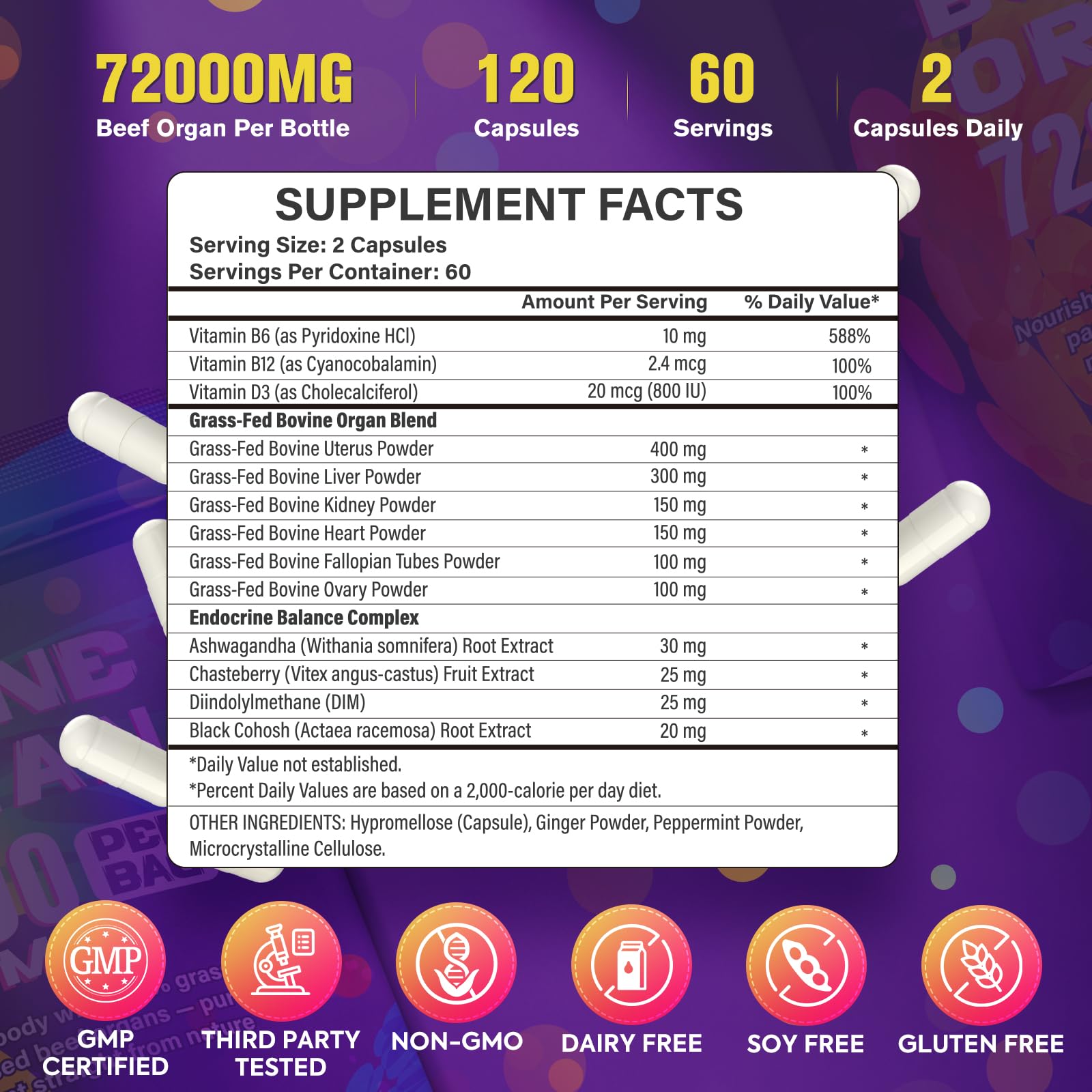 Lanhuilin Beef Organ Supplement for Women – Grass-Fed Liver, Kidney, Heart & More (120 Caps)