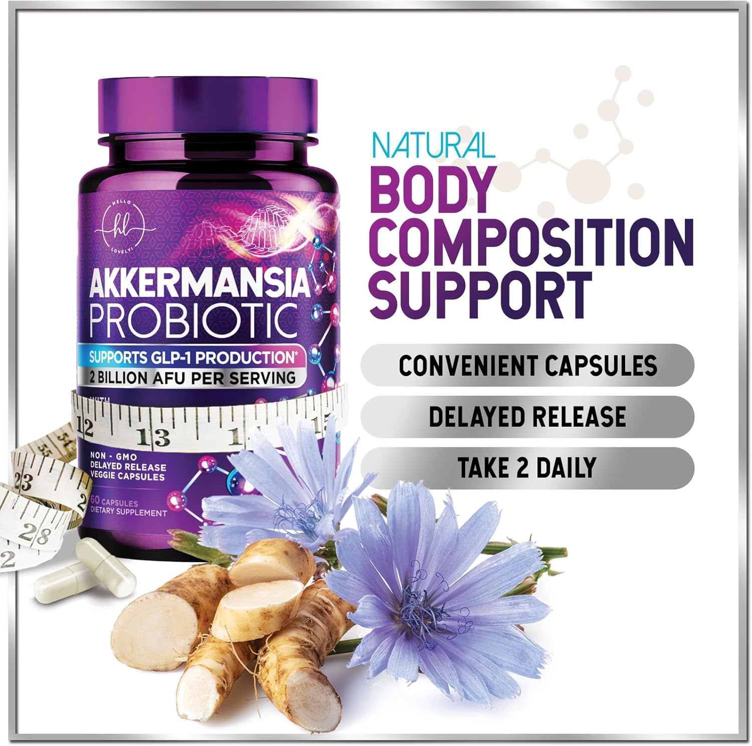 Akkermansia Probiotic 2B AFU – GLP-1 Support with Prebiotic Fiber – 60 Capsules | Made in USA
