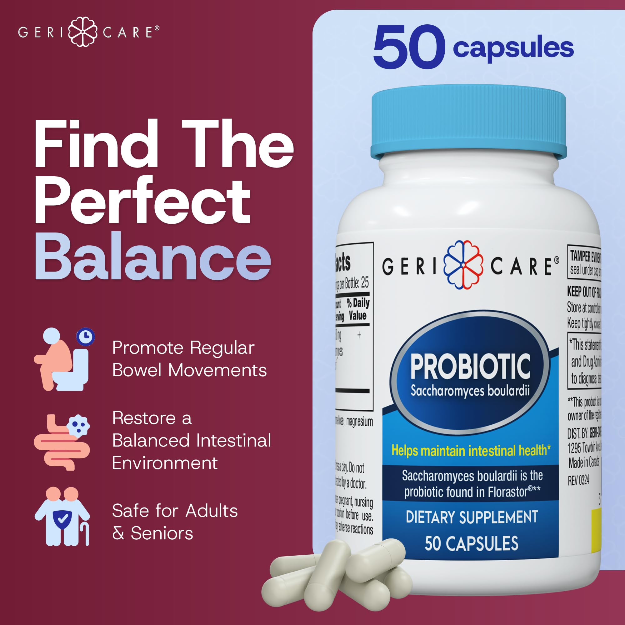Saccharomyces boulardii Probiotic 500mg for Digestive Health – Women & Men | Compare to Florastor (50 Capsules) – 12 Pack