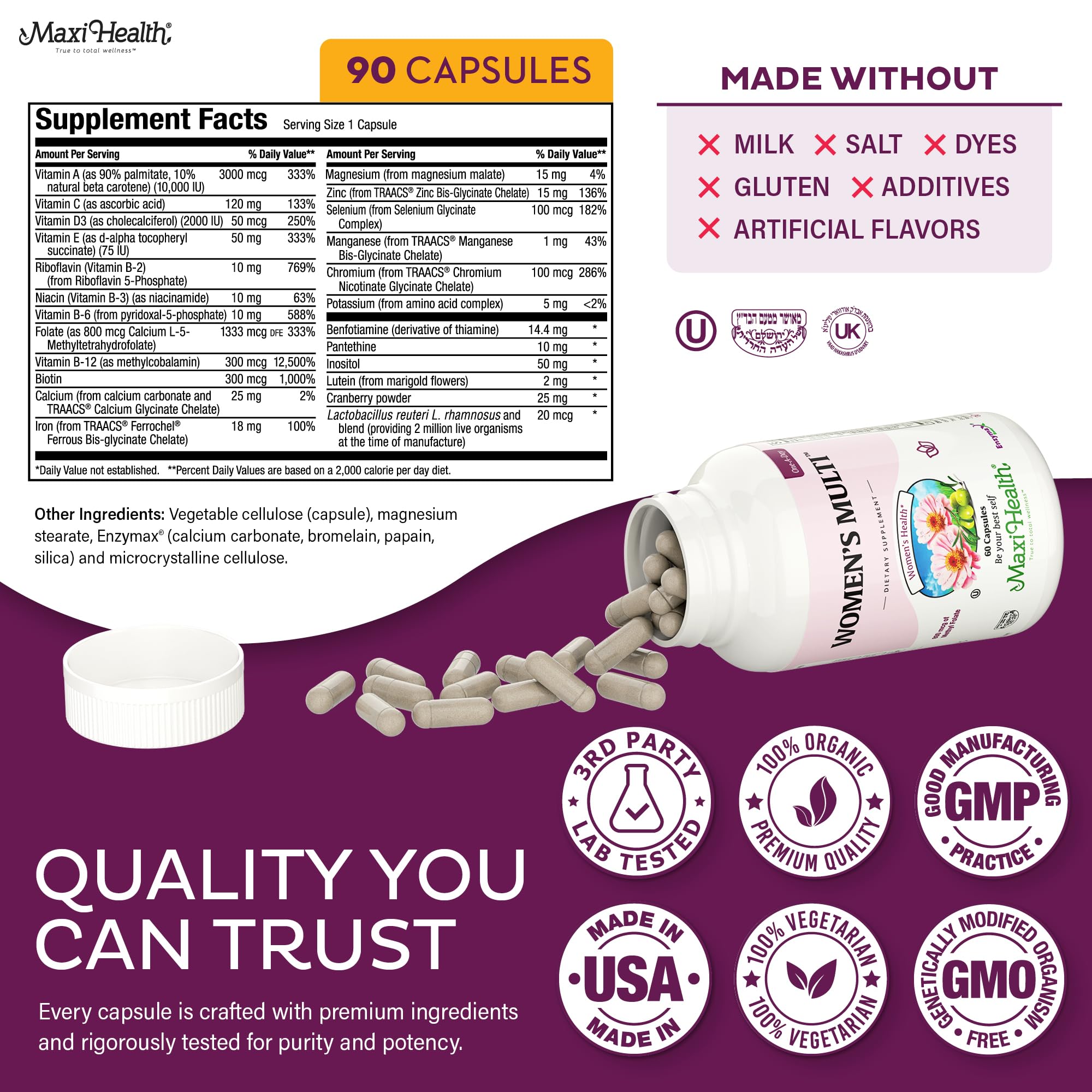 Womens Multivitamin – Methylated Multivitamin for Women with 23 Essential Vitamins | Probiotics & Digestive Support | Kosher (90 Capsules)