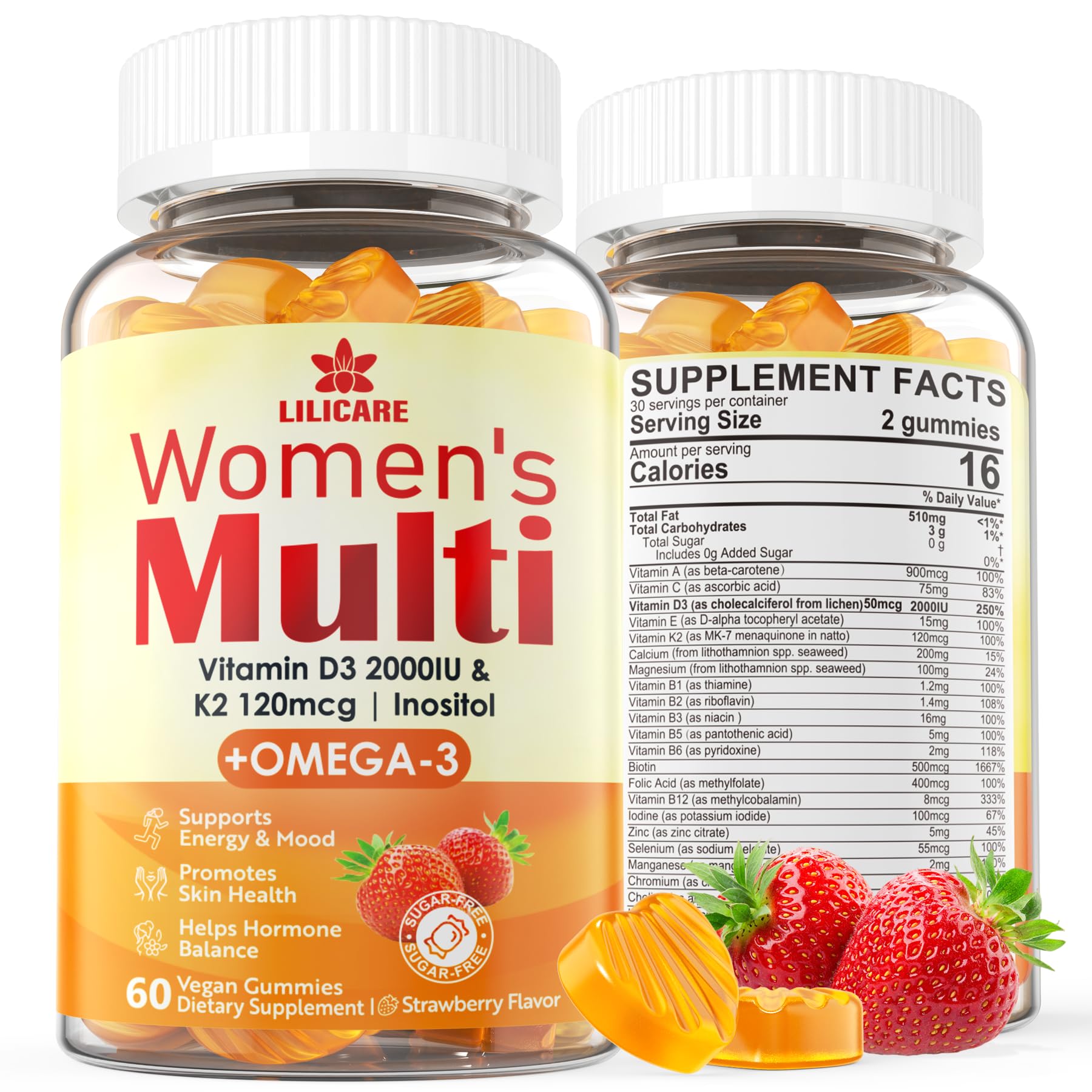 Womens Multivitamin Gummy with Omega 3 (DHA/EPA), Vitamin D3 K2, Calcium, Inositol, Daily Womens Vitamin A C E B Complex, L-MethylFolate, Methyl B12, Sugar Free Methylated Multivitamins Minerals, 60 Cts