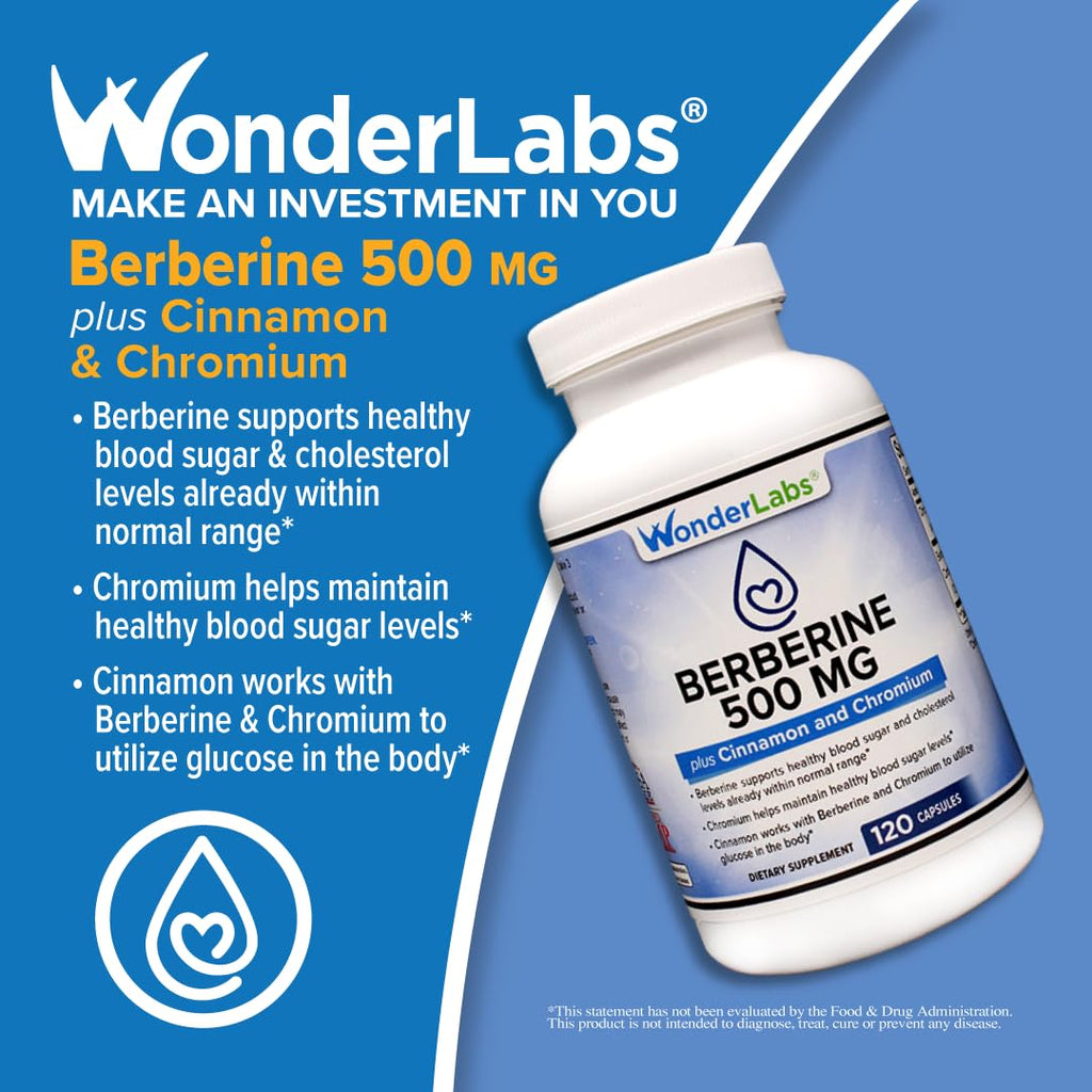 Wonder Laboratories Berberine HCL 1500mg with Cinnamon, Chromium & BioPerine – Immune, Glucose & Heart Health, Gluten & GMO Free | 120 Capsules