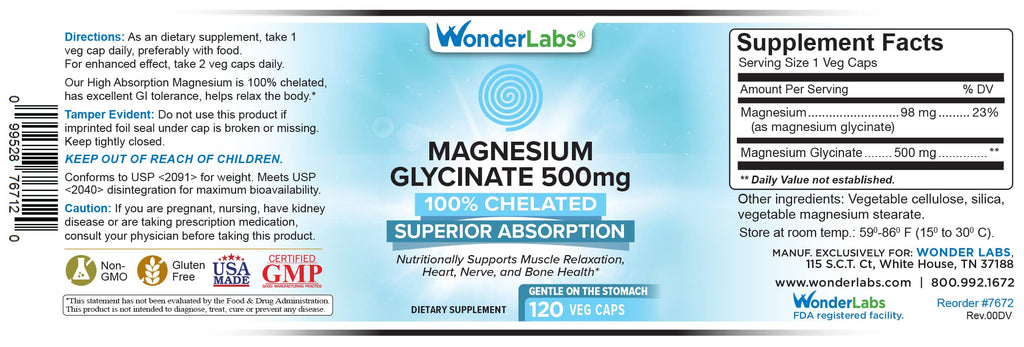 Wonder Laboratories Magnesium Glycinate 500mg – Chelated, Non-GMO, Gluten-Free