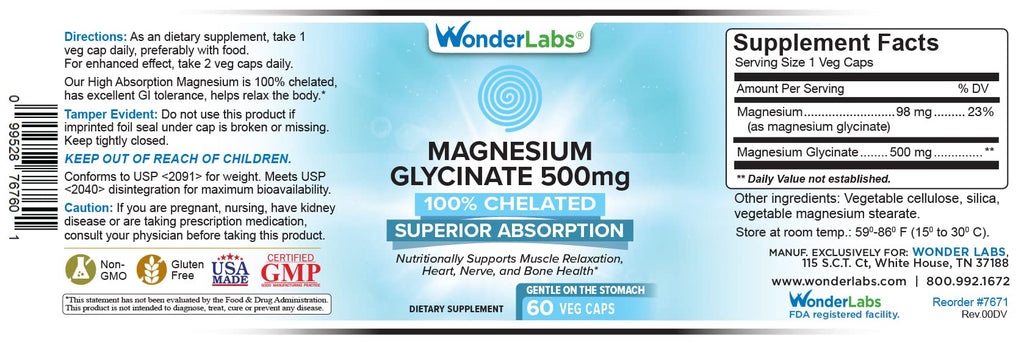 Wonder Laboratories Magnesium Glycinate 500mg – Chelated, Non-GMO, Gluten, Dairy & Soy Free (60)
