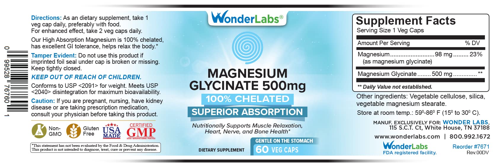 Wonder Laboratories Magnesium Glycinate 500mg – Chelated, Non-GMO, Gluten, Dairy & Soy Free (60)
