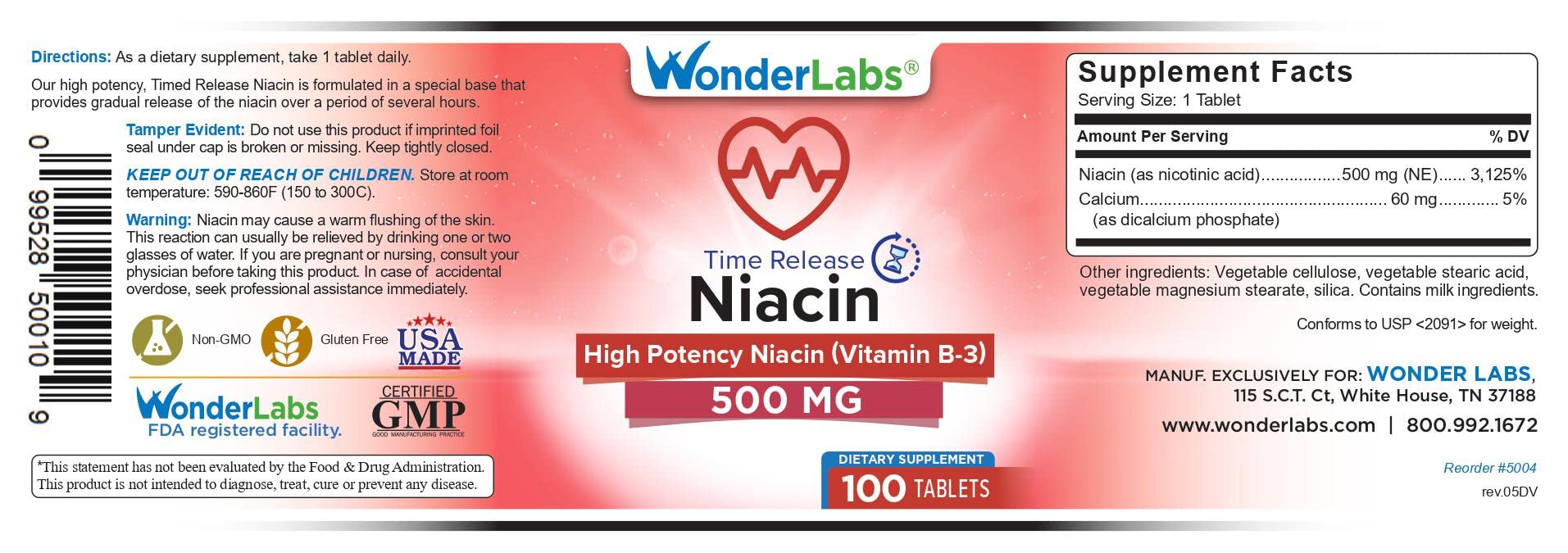 Wonder Laboratories Niacin Time Release 500 mg – 100 Tablets, Non-GMO & Gluten Free