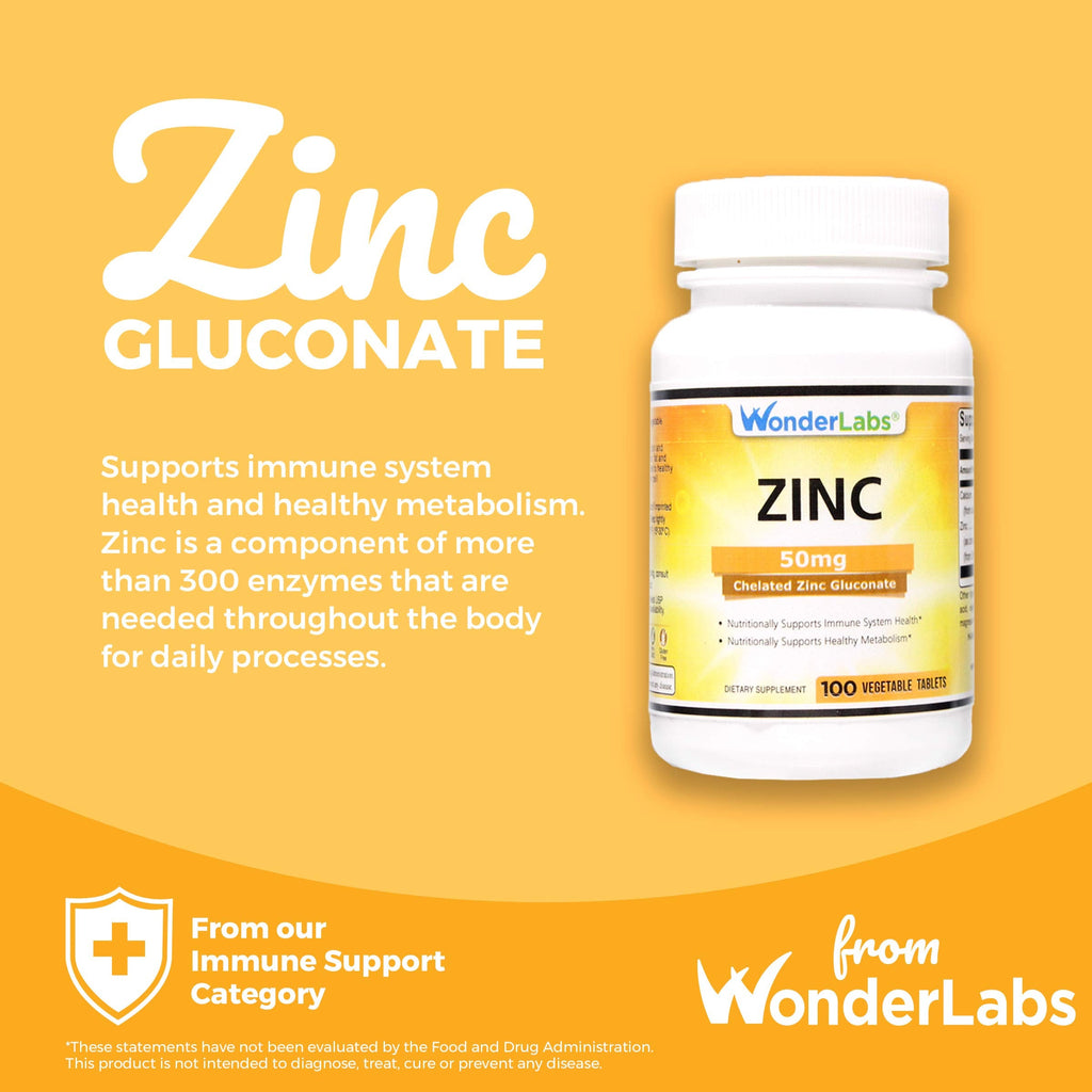 Wonder Laboratories Chelated Zinc Gluconate 50 mg - Immune Support & Cell Growth | 100 Vegetarian Tablets
