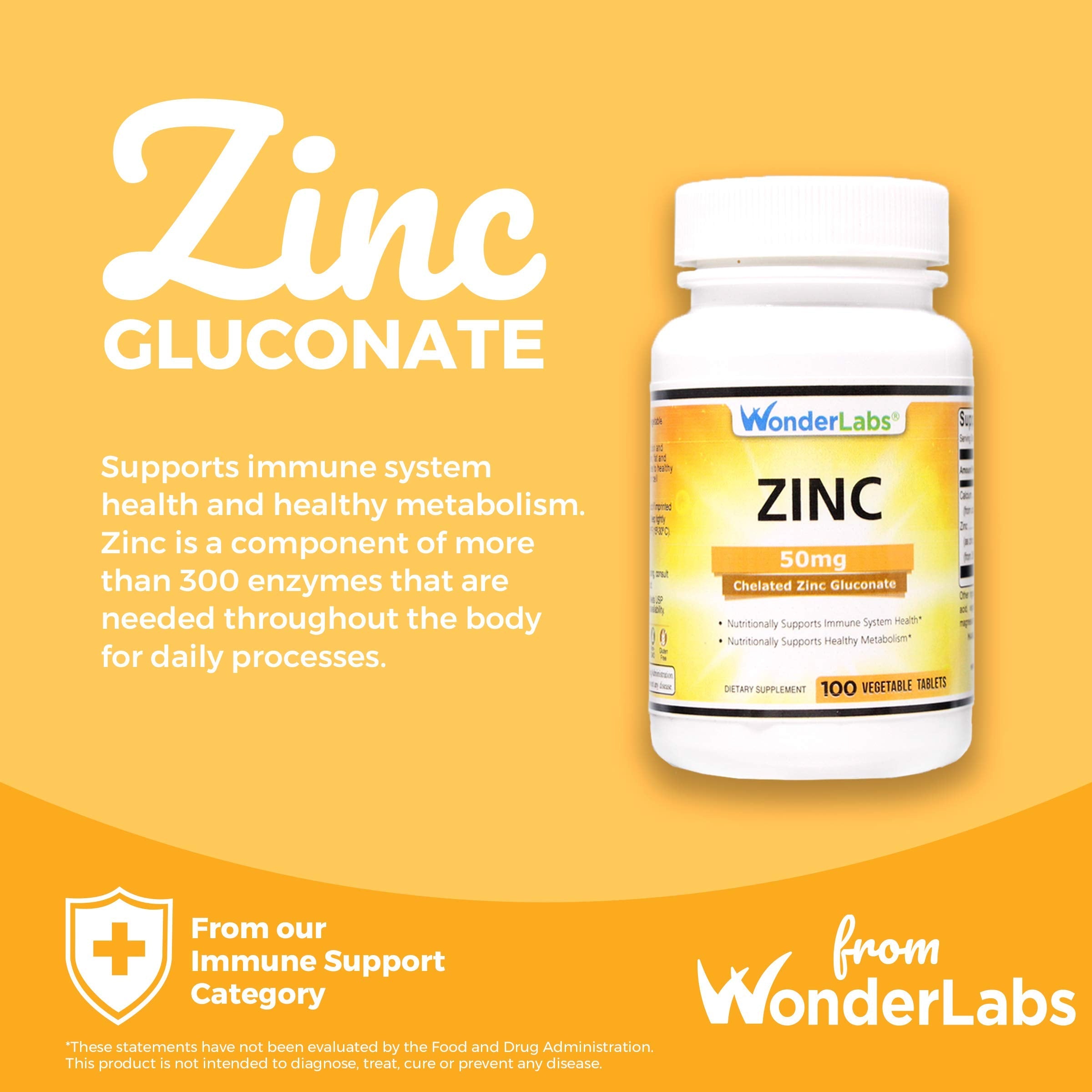 Wonder Laboratories Chelated Zinc Gluconate 50 mg - Immune Support & Cell Growth | 100 Vegetarian Tablets