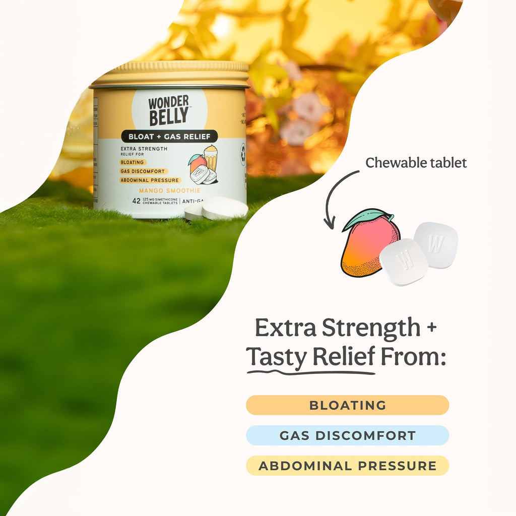 Wonderbelly Bloat + Gas Relief: Extra Strength 125 mg Simethicone Mango Chewables, 42 Count