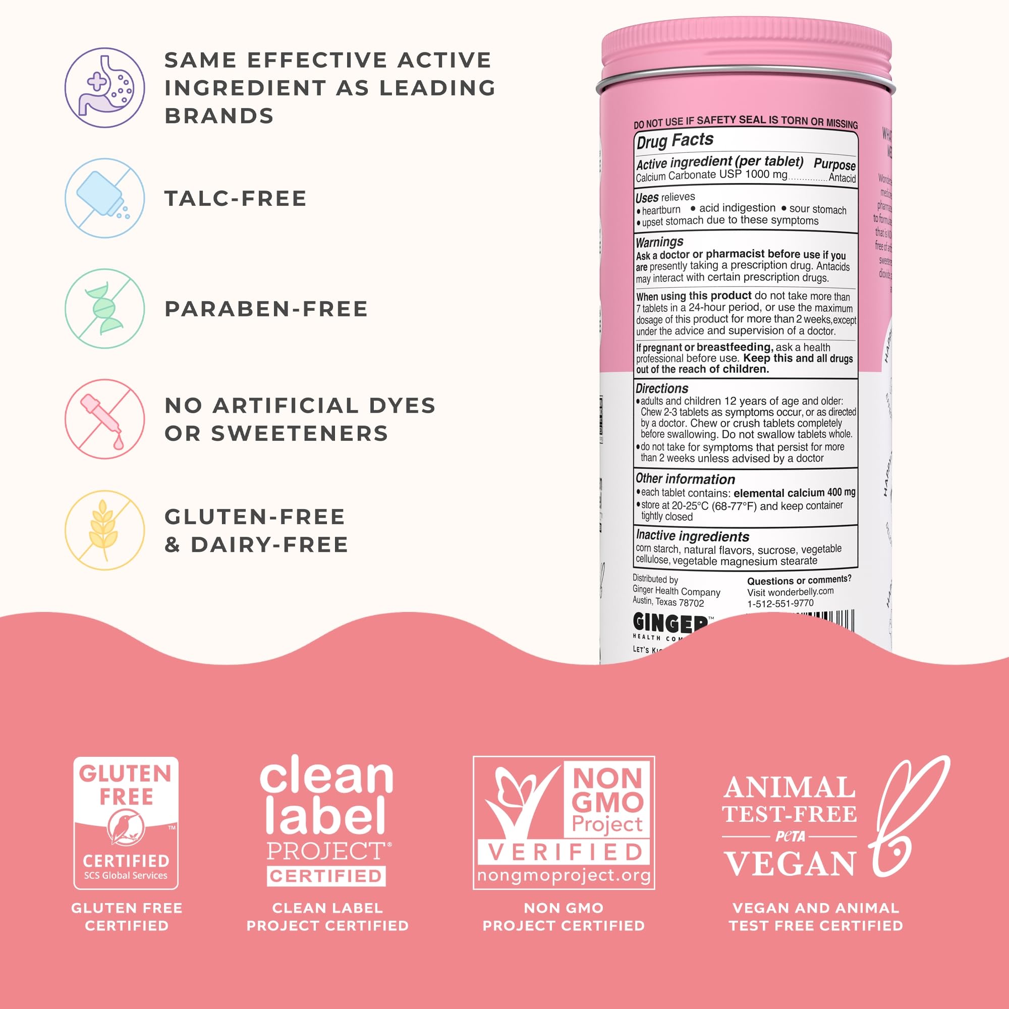 Wonderbelly Antacid – Extra Strength 1000 mg Calcium Carbonate Chewables | Strawberry Milkshake
