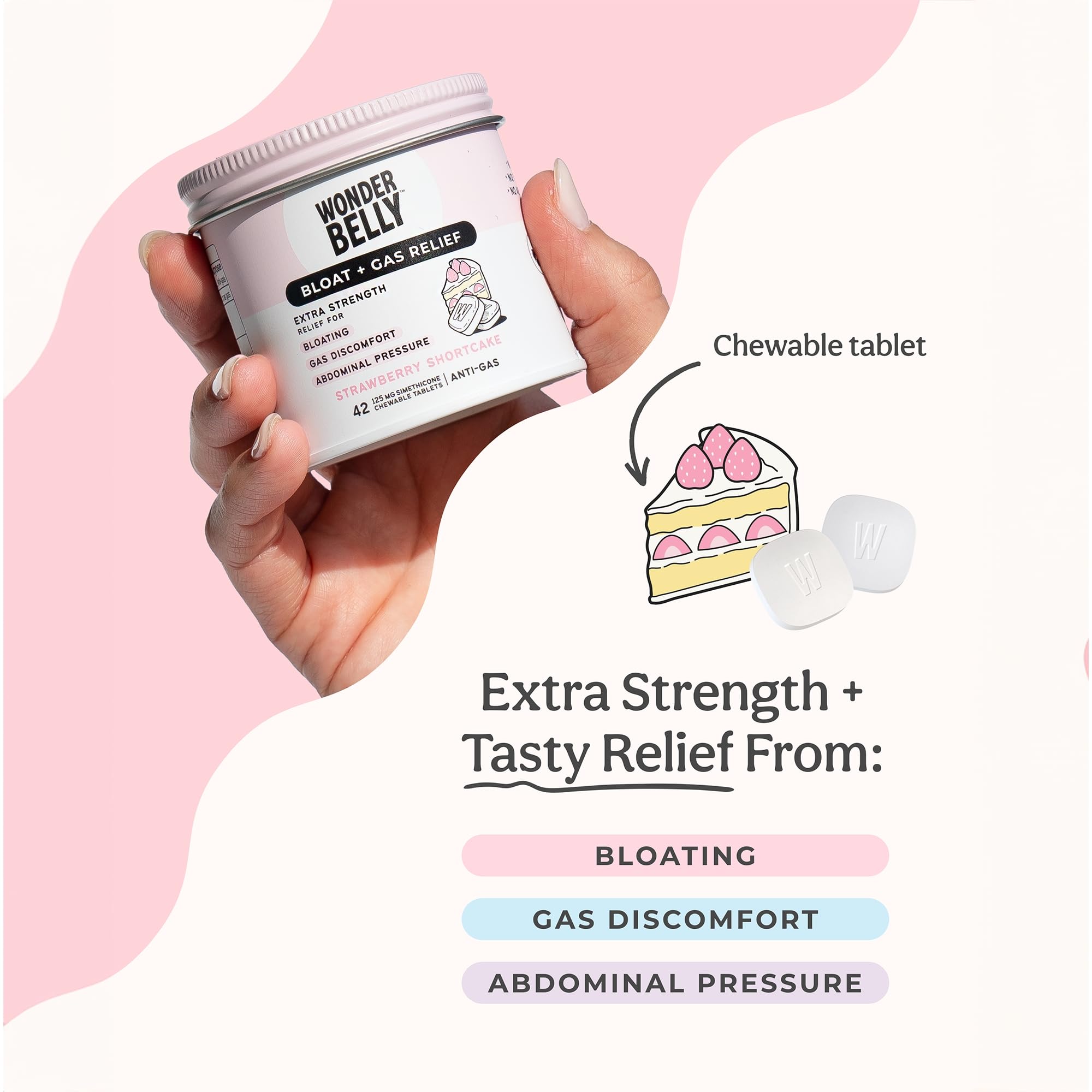 Wonderbelly Bloat + Gas Relief Chewables – Extra Strength, 125 mg Simethicone, Strawberry Shortcake