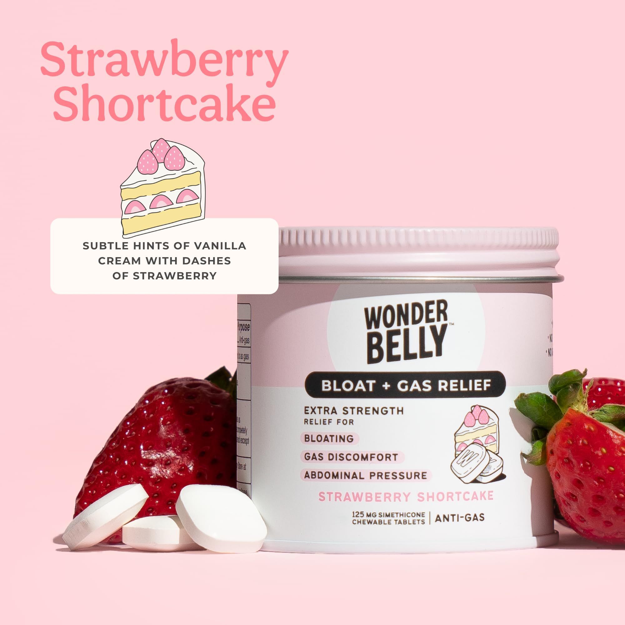 Wonderbelly Bloat & Gas Relief – Extra Strength Chewables, 125 mg Simethicone, Strawberry Shortcake