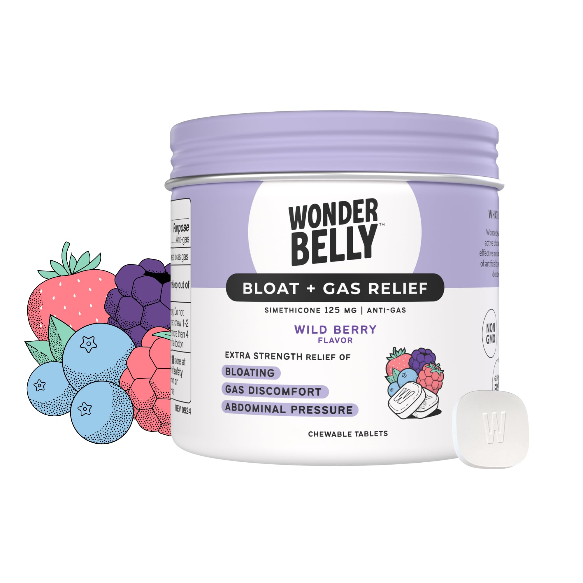Wonderbelly Bloat Gas Relief: Extra Strength Chewables, 125 mg Simethicone, Wild Berry | 35 Count