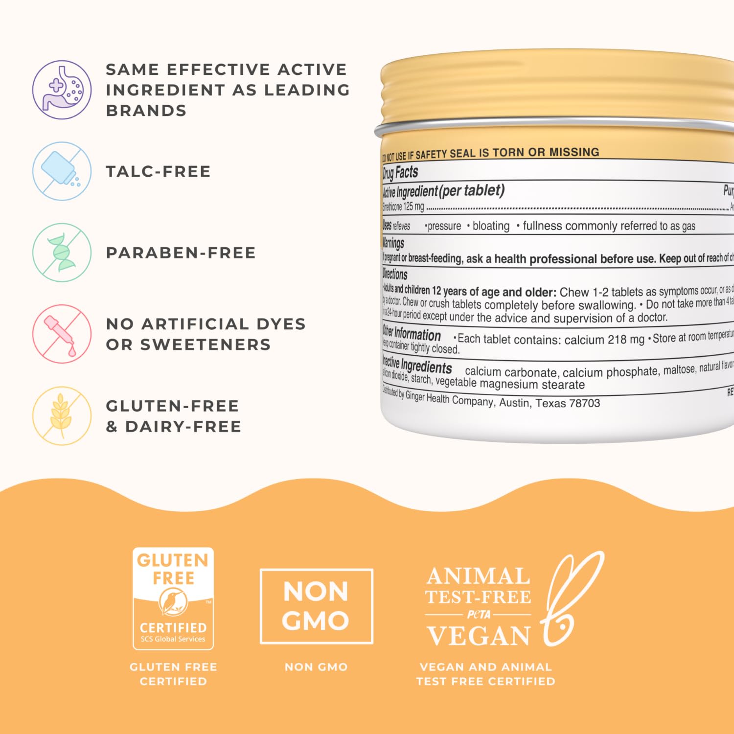 Wonderbelly Bloat + Gas Relief: Extra Strength 125 mg Simethicone Mango Chewables, 42 Count