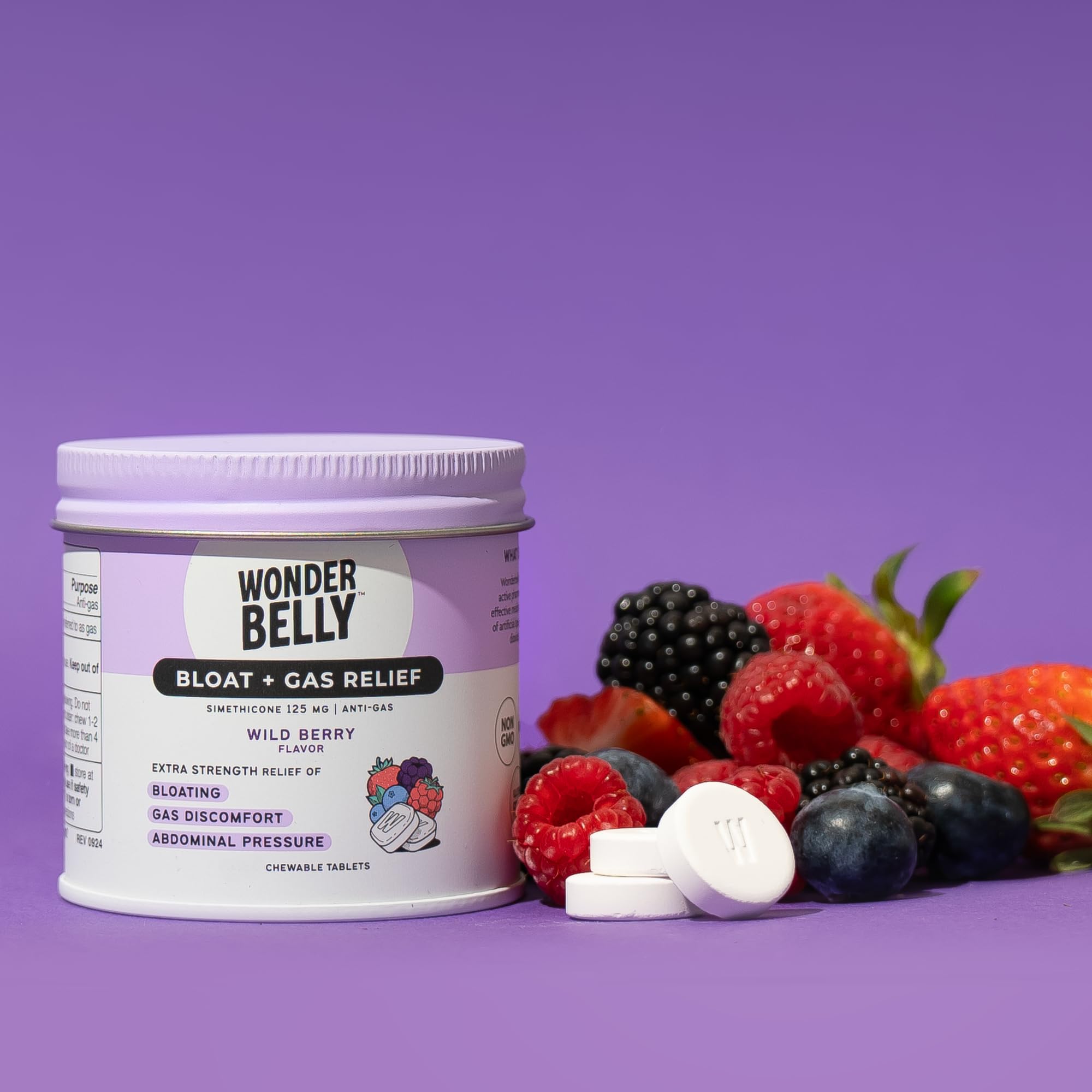 Wonderbelly Bloat Gas Relief: Extra Strength Chewables, 125 mg Simethicone, Wild Berry | 35 Count