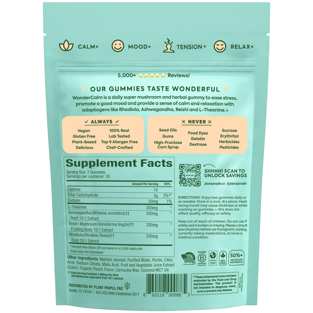 Plant People WonderCalm Mushroom Gummies – Ashwagandha Stress & Mood Support (Peach, 60 Count) – Vegan, Gluten-Free