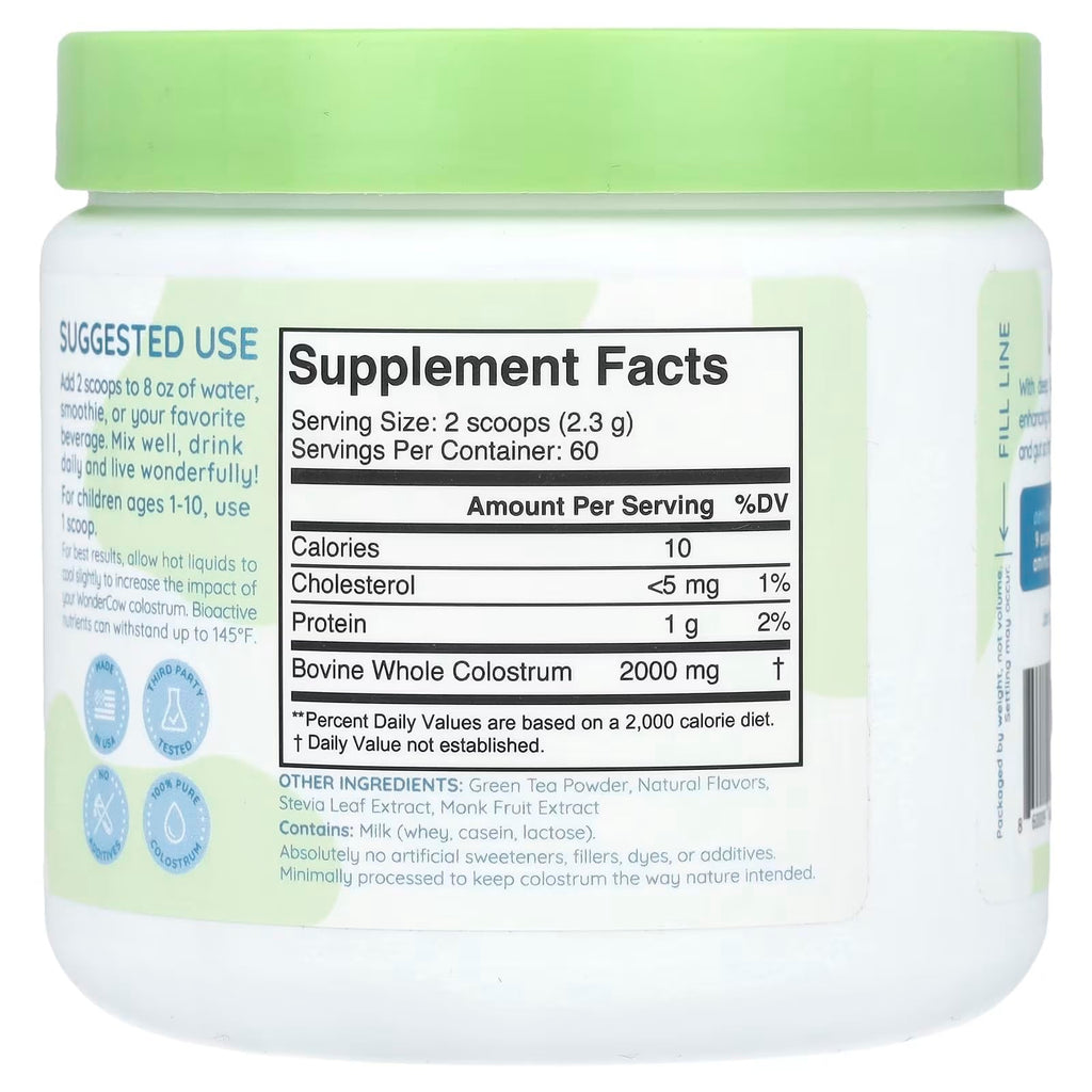 WONDERCOW Colostrum Powder for Gut Health, Immune Support & Muscle Recovery | Pure Whole Bovine Colostrum with Matcha, 60 Servings