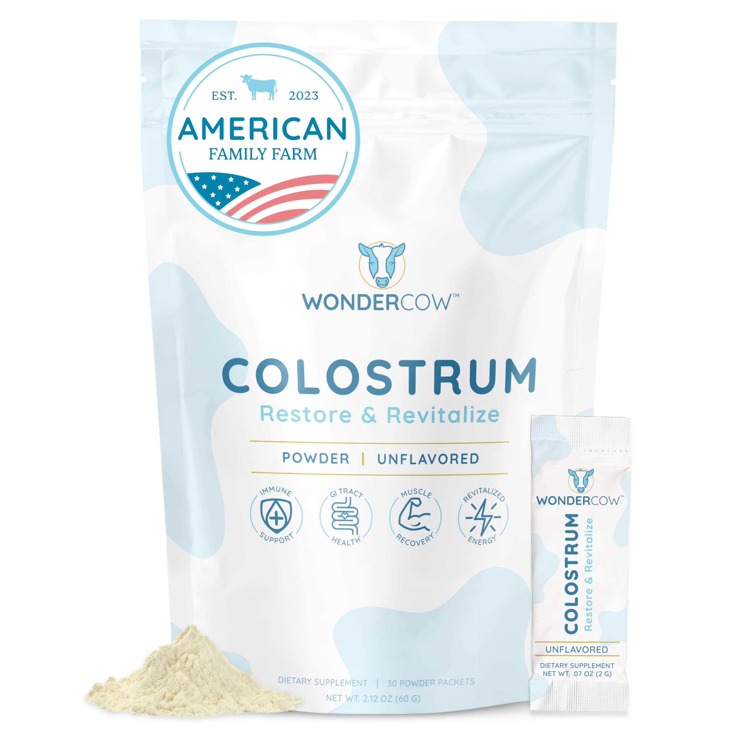 WONDERCOW Colostrum Powder for Gut Health, Immune Support & Recovery | Whole Bovine Colostrum, Unflavored, 30 Servings