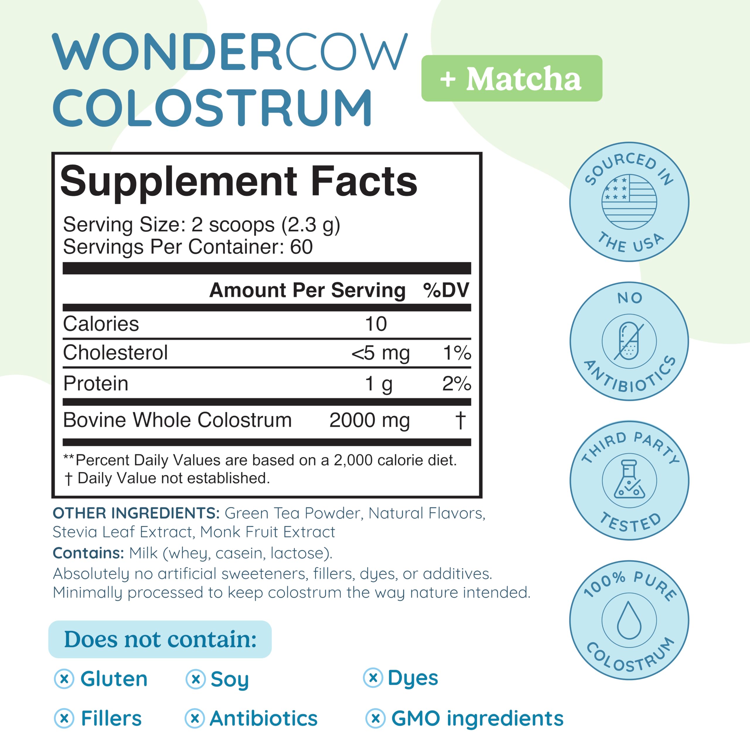 WONDERCOW Colostrum Powder for Gut Health, Immune Support & Muscle Recovery | Pure Whole Bovine Colostrum with Matcha, 60 Servings