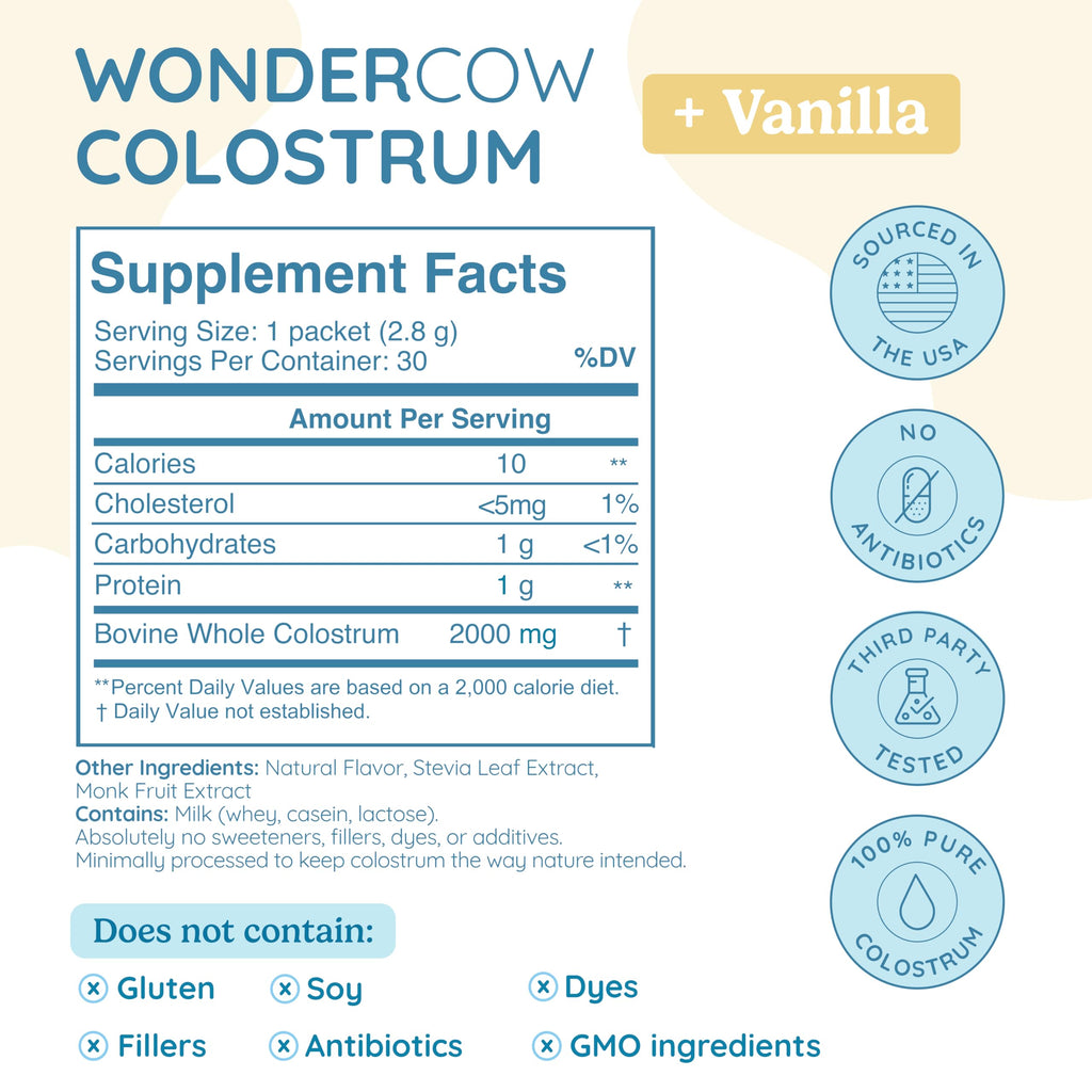 WonderCow Colostrum Powder Vanilla | Gut Health, Immunity & Muscle Recovery, 30 Servings