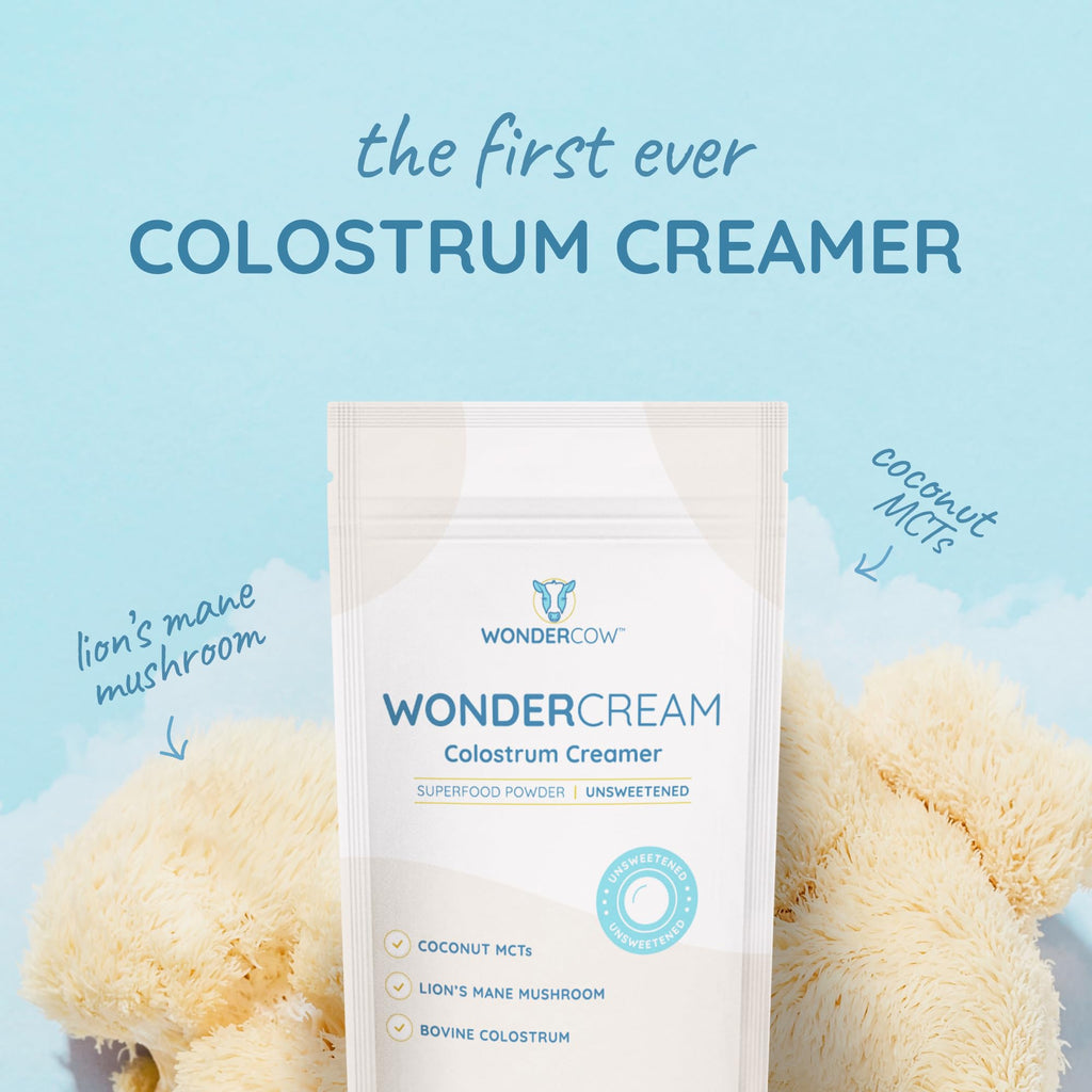 WonderCow Bovine Colostrum Superfood Creamer Powder w/Organic Lions Mane Mushroom & Coconut Milk Powder MCTs | Functional Sugar Free Keto Coffee, Smoothie & Drink Mix Unsweetened