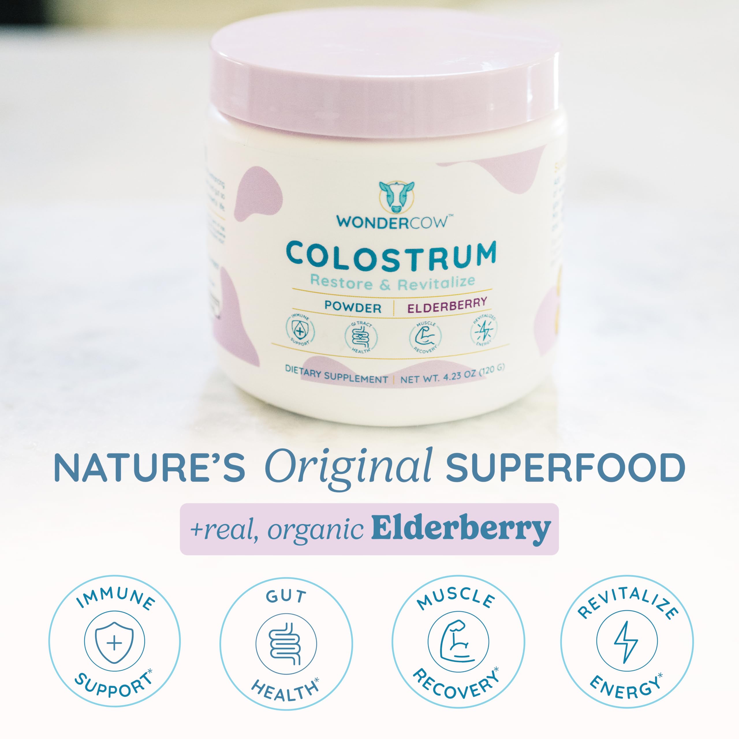 WONDERCOW Colostrum Powder for Gut Health, Immune Support & Recovery | Elderberry, 60 Servings